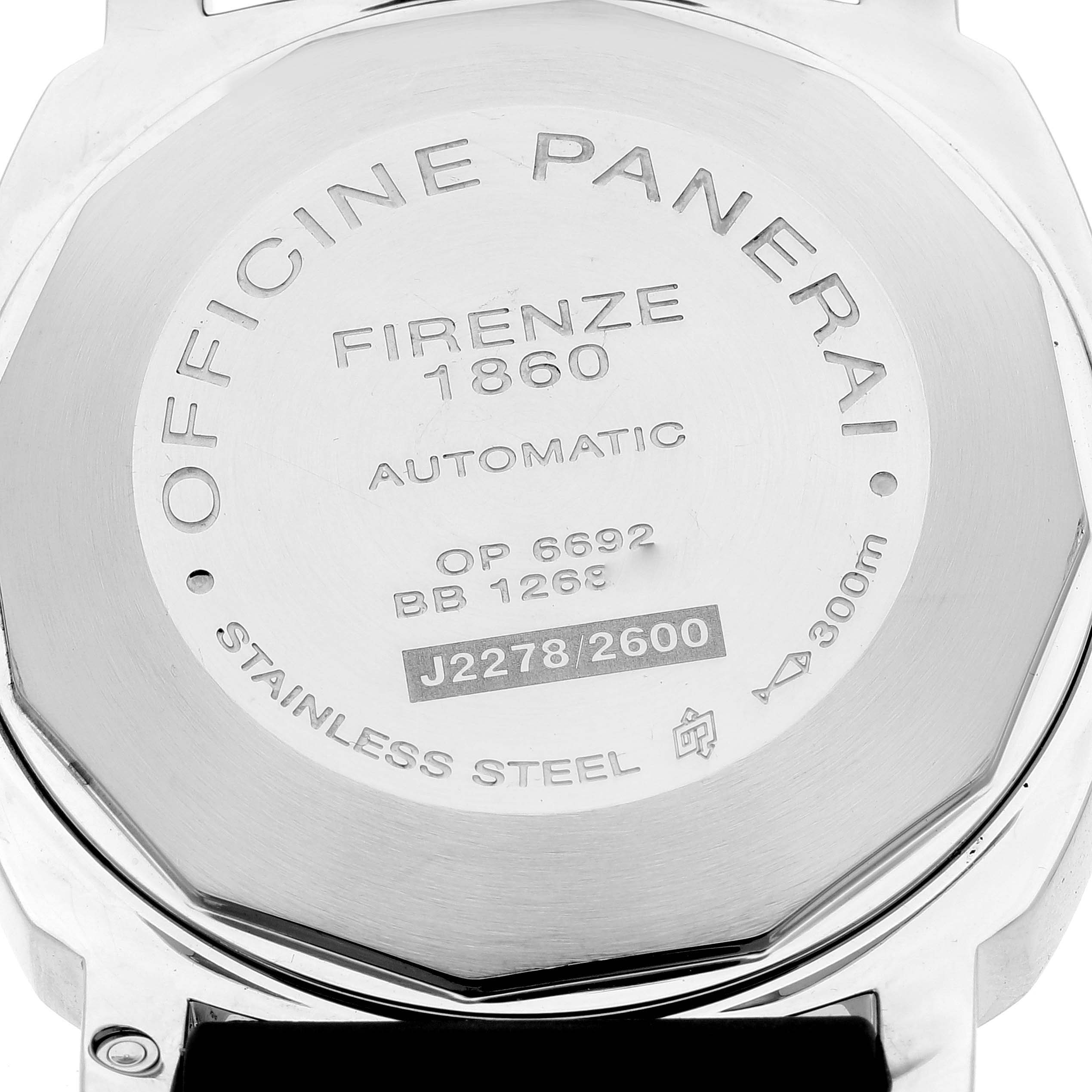 This image shows the case back of a Panerai Luminor PAM00090 Men
s Stainless Steel Black Dial PAM00090 Men
s Stainless Steel Black Dial watch, featuring engraving details and specifications.