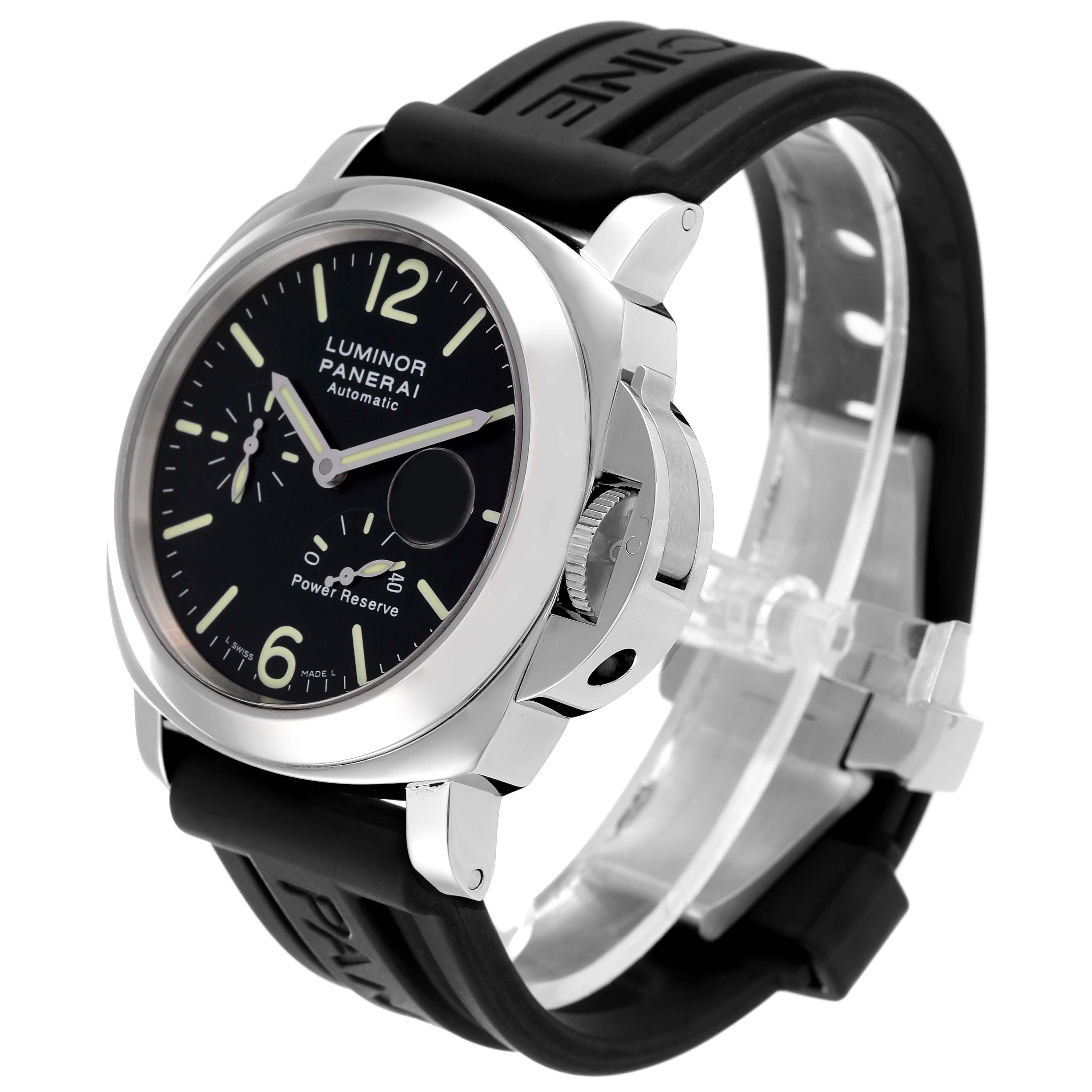 The image shows a Luminor model by Panerai, angled to display the watch face, crown guard, and rubber strap.