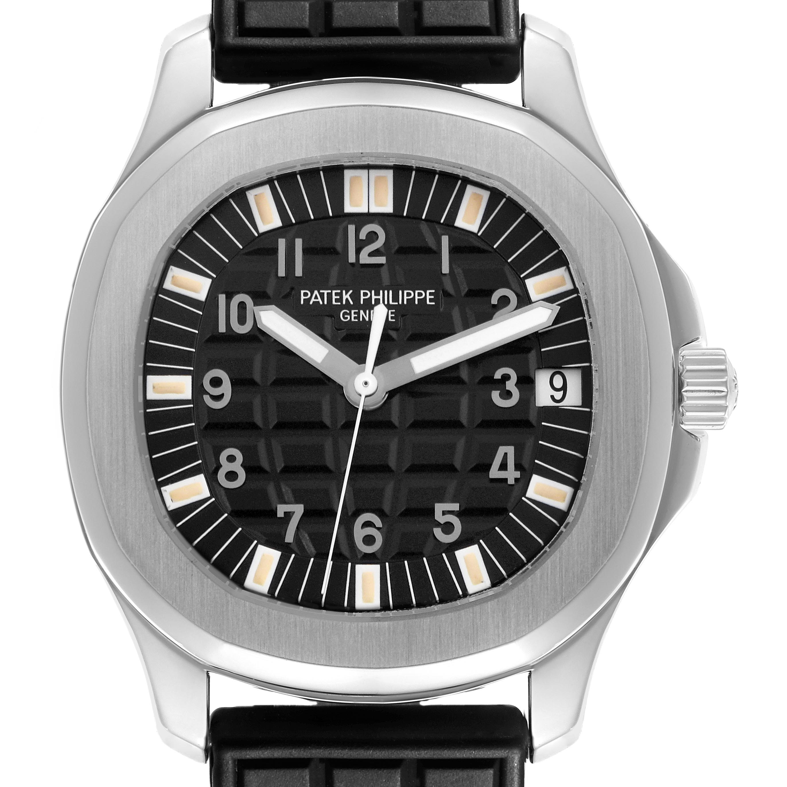 The image shows a frontal view of the Patek Philippe Aquanaut model 5065/1A-001, highlighting its black dial, numerals, and luminous hands.