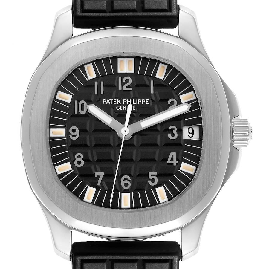 The image shows a frontal view of the Patek Philippe Aquanaut model 5065/1A-001, highlighting its black dial, numerals, and luminous hands.