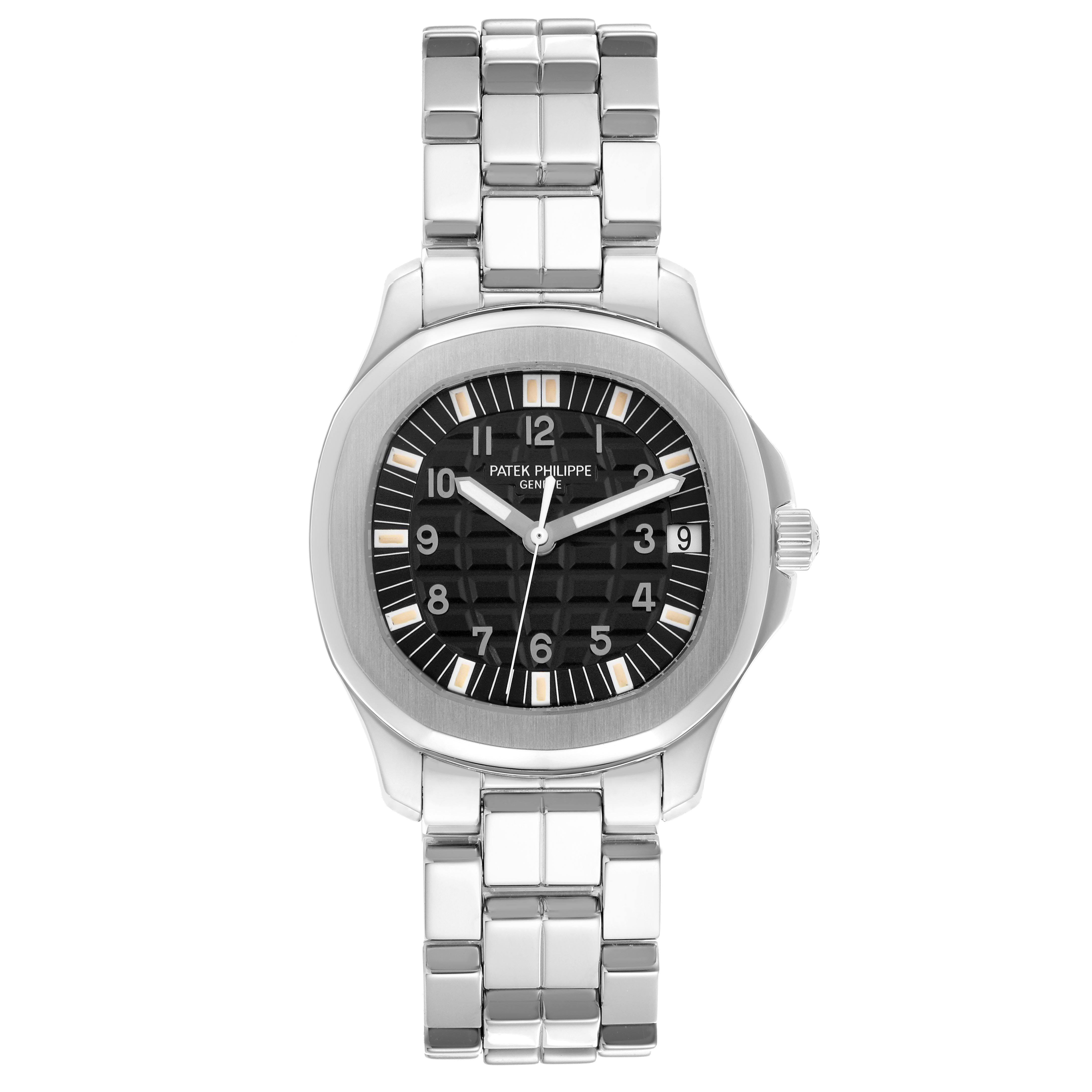 The Patek Philippe Aquanaut 5065/1A-001 is shown from a front angle, displaying its black dial, silver-tone markers, bezel, and stainless steel bracelet.