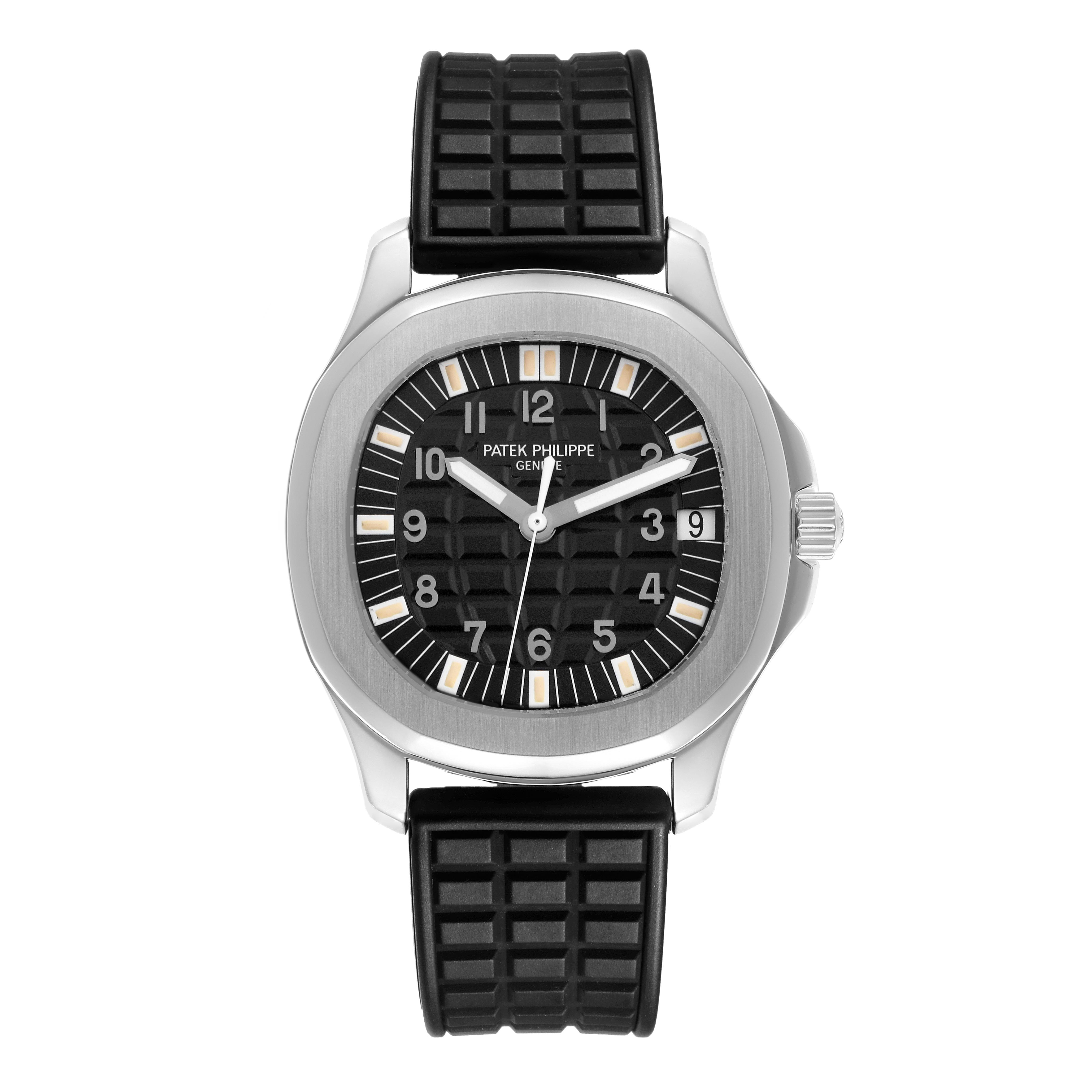 The Patek Philippe Aquanaut model 5065/1A-001 is shown from the front, displaying its case, black dial, numerals, and black strap.