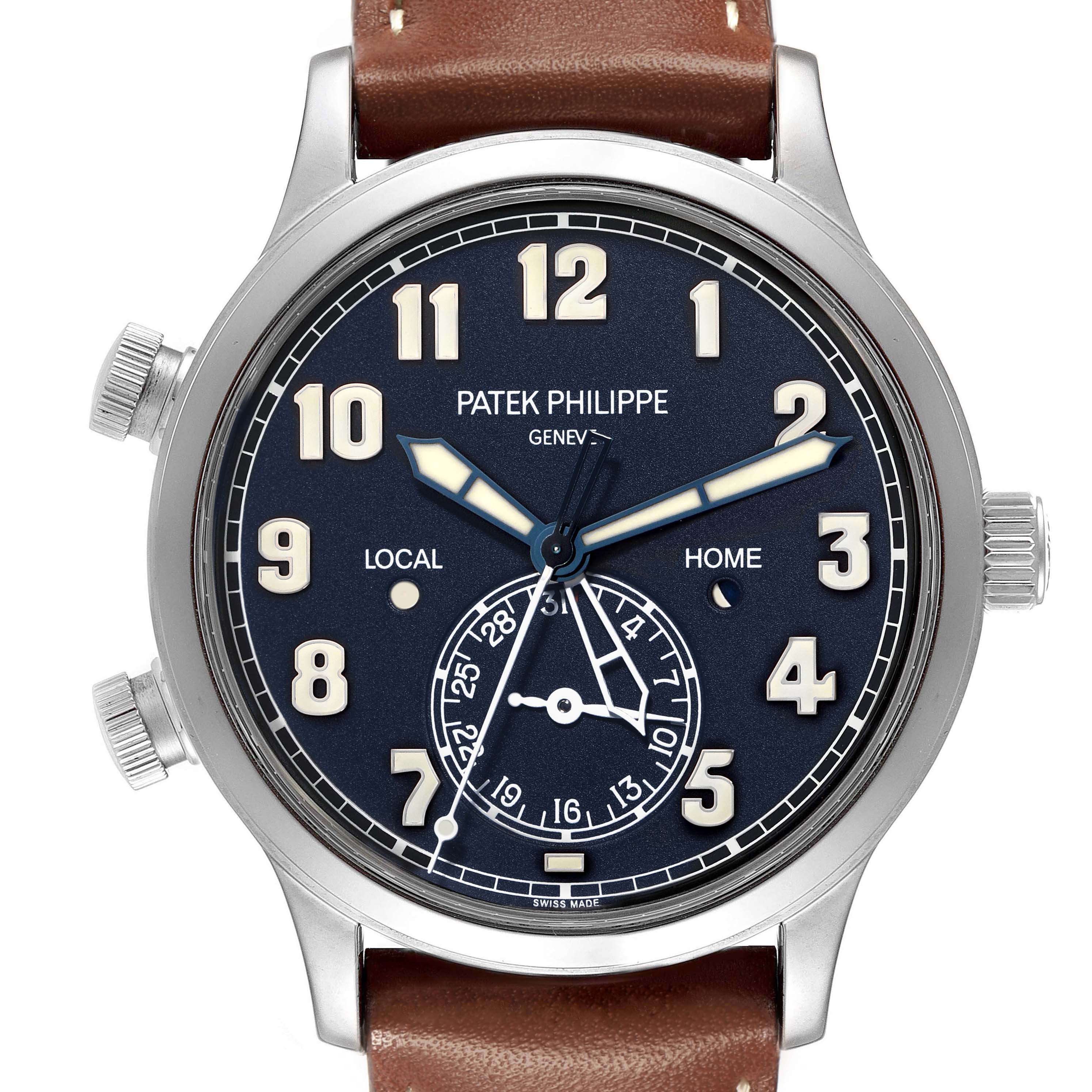 The image shows a front view of the Patek Philippe Calatrava model 5524G-001 men's watch, featuring a blue dial, numerals, and a brown leather strap.