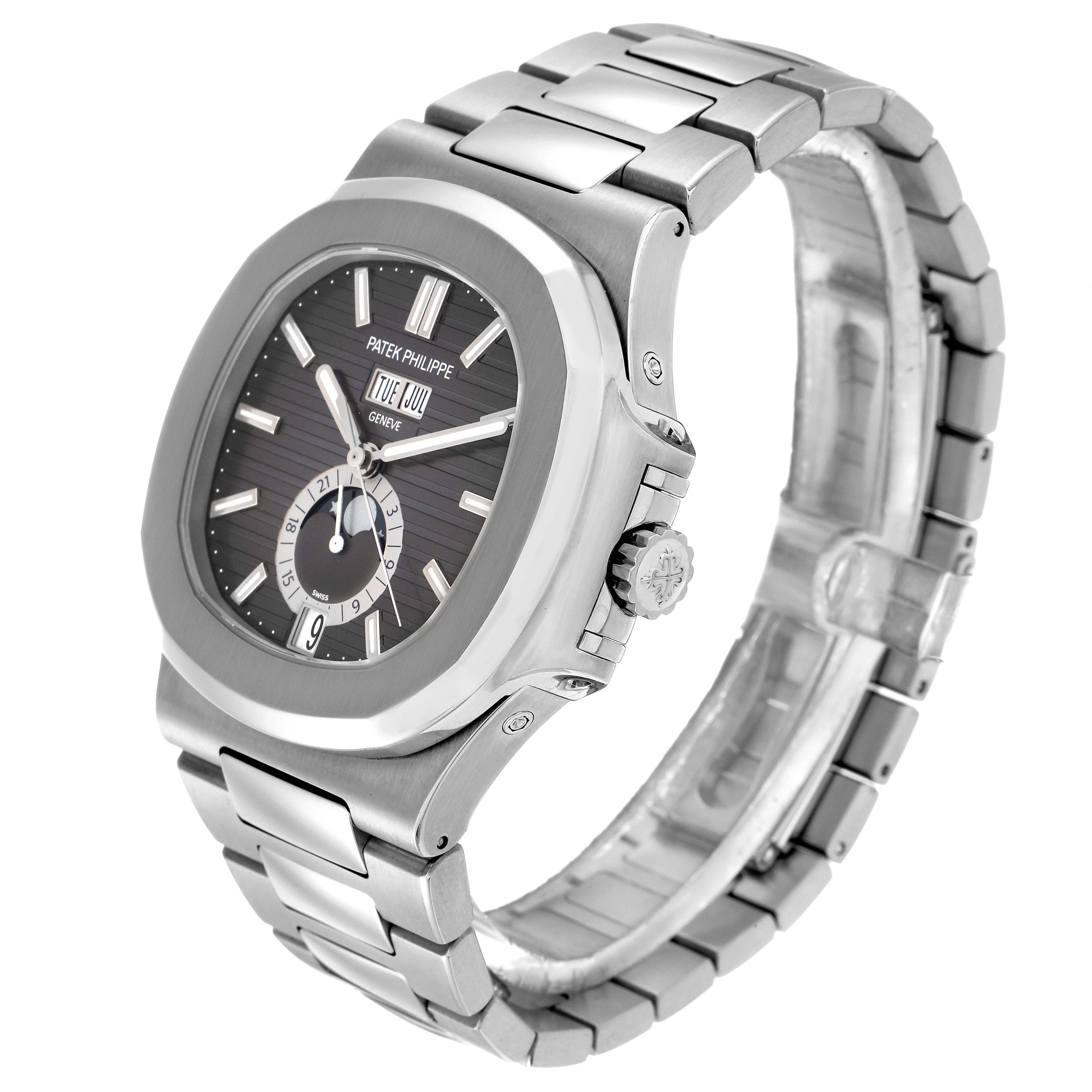 The Patek Philippe Nautilus 5726/1A-014 is shown at an angled side view, highlighting the bracelet, case, dial, and crown.