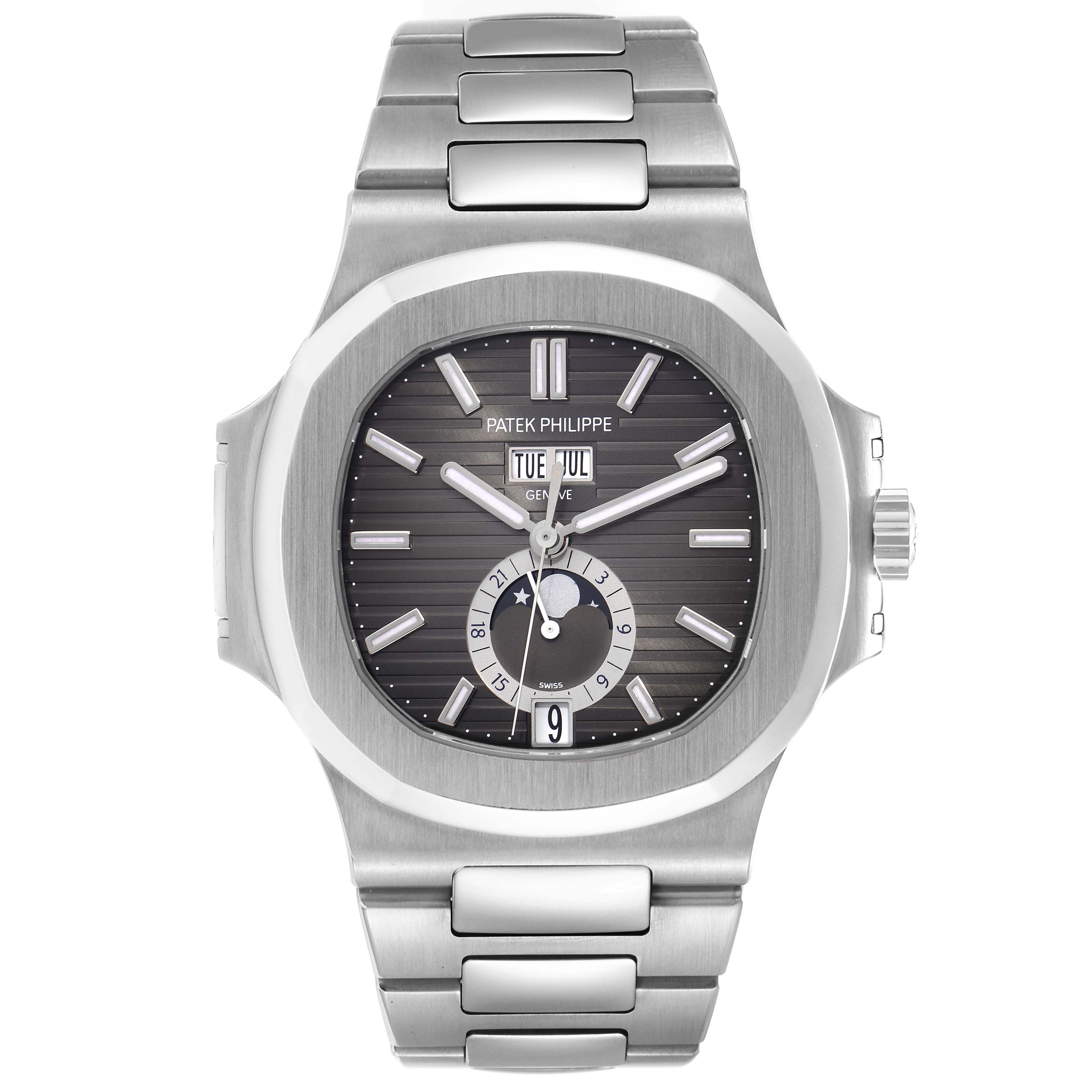 The image shows a front view of the Patek Philippe Nautilus model 5726/1A-014, displaying its dial, case, and bracelet clearly.