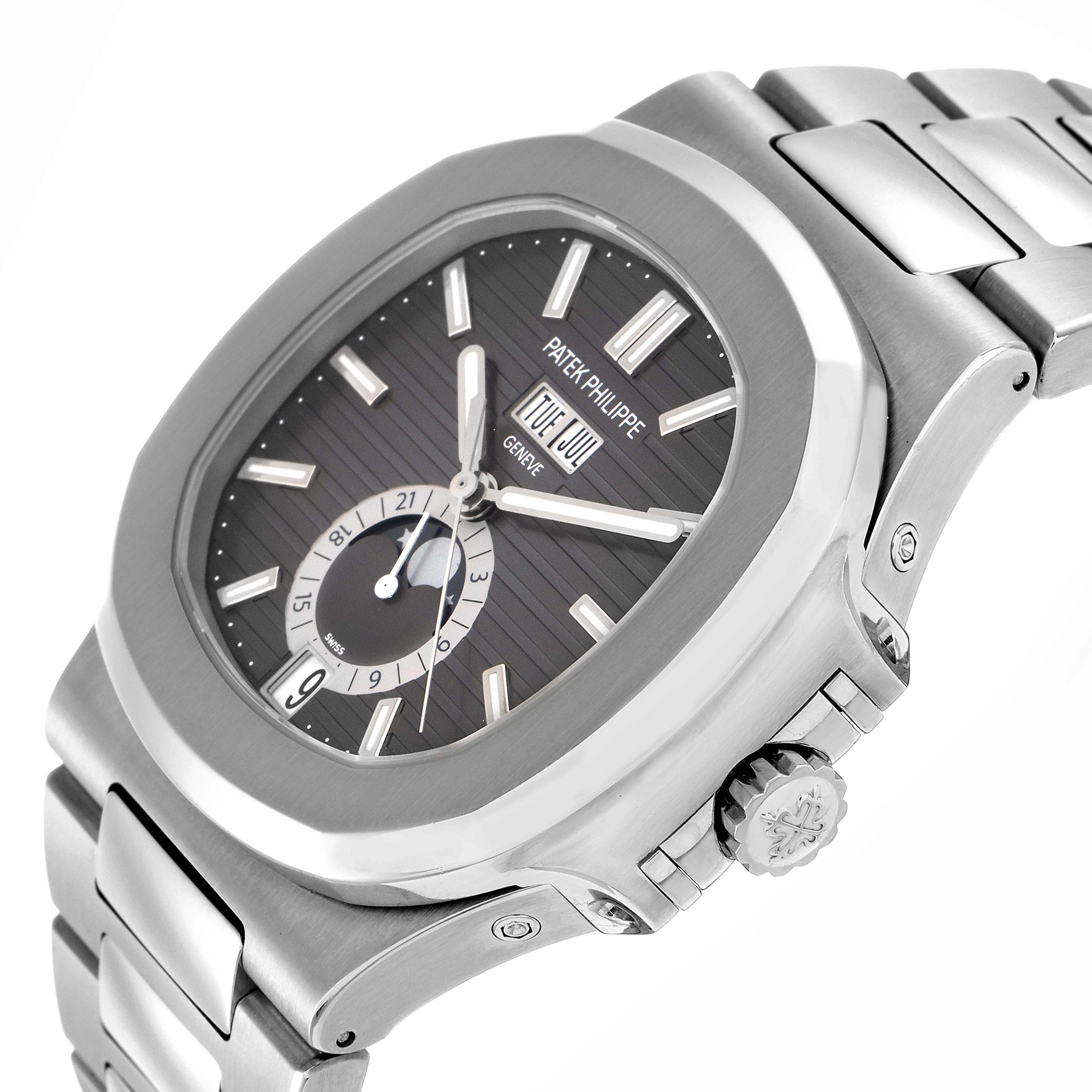 The Patek Philippe Nautilus 5726/1A-014 watch is shown at a slight side angle, showcasing the dial, bezel, bracelet, and crown.