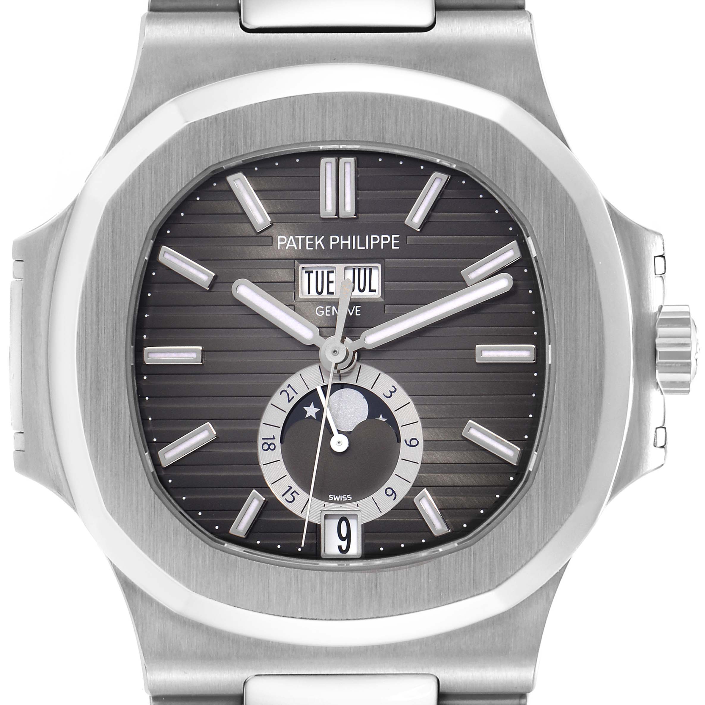 The image shows a Patek Philippe Nautilus model 5726/1A-014 watch from a front angle, highlighting its dial, hands, and calendar features.
