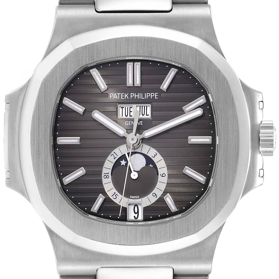 The image shows a Patek Philippe Nautilus model 5726/1A-014 watch from a front angle, highlighting its dial, hands, and calendar features.