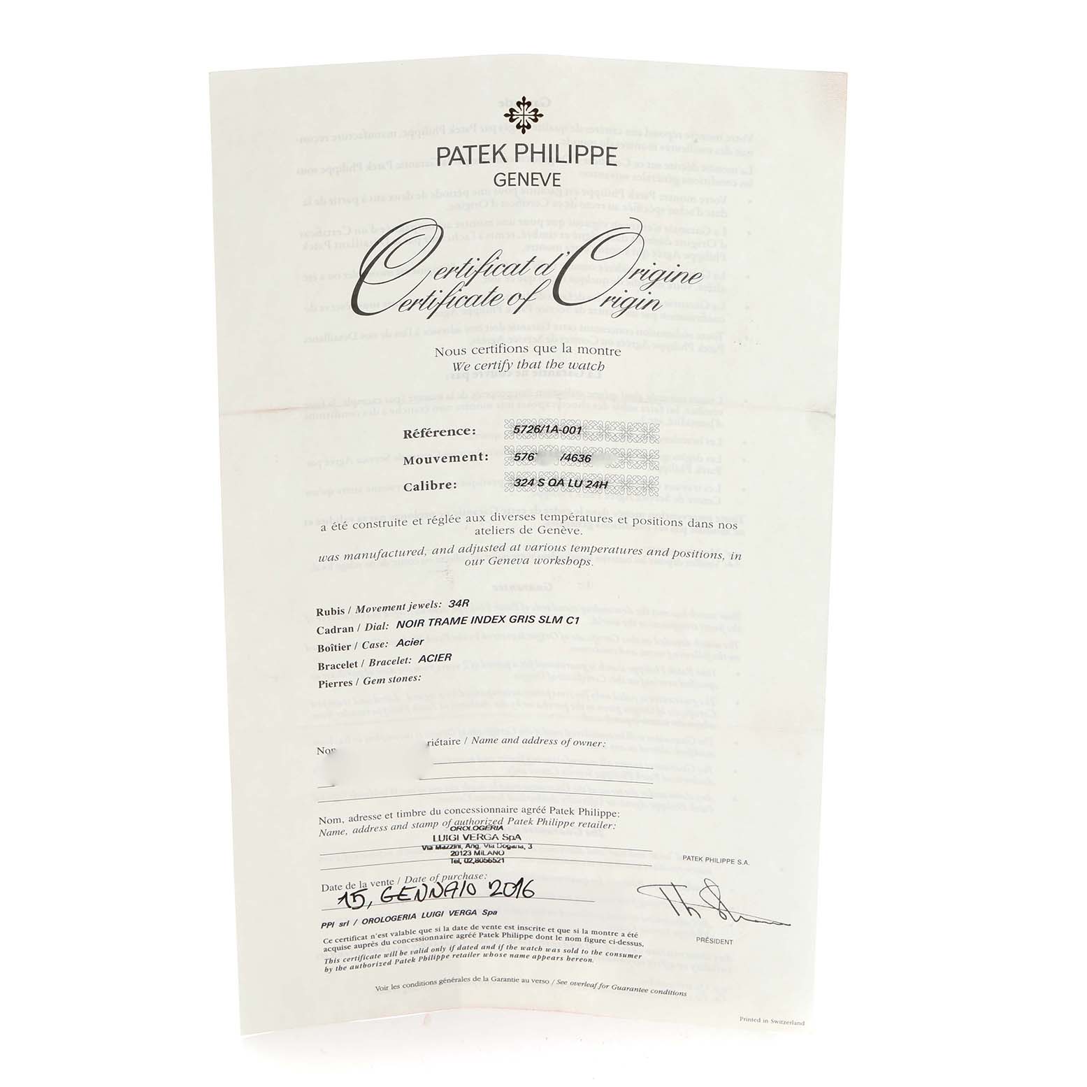 The image shows a Certificate of Origin for the Patek Philippe Nautilus model, number 5726/1A-014, with details on reference, movement, and calibre.