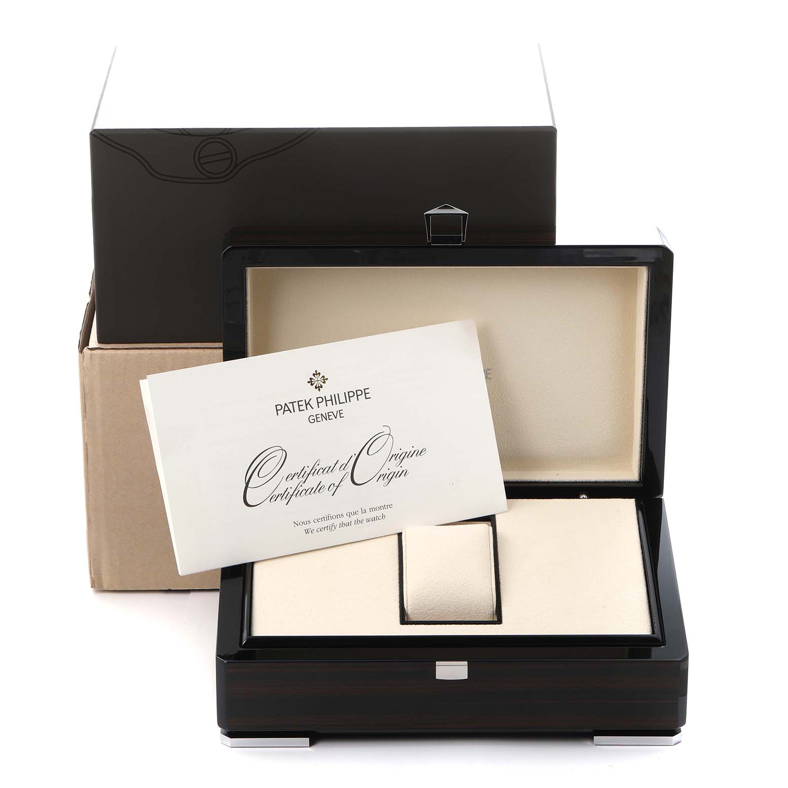 The image shows the open packaging and certificate for the Patek Philippe Nautilus model 5726/1A-014 men's watch, featuring a presentation box and documentation.