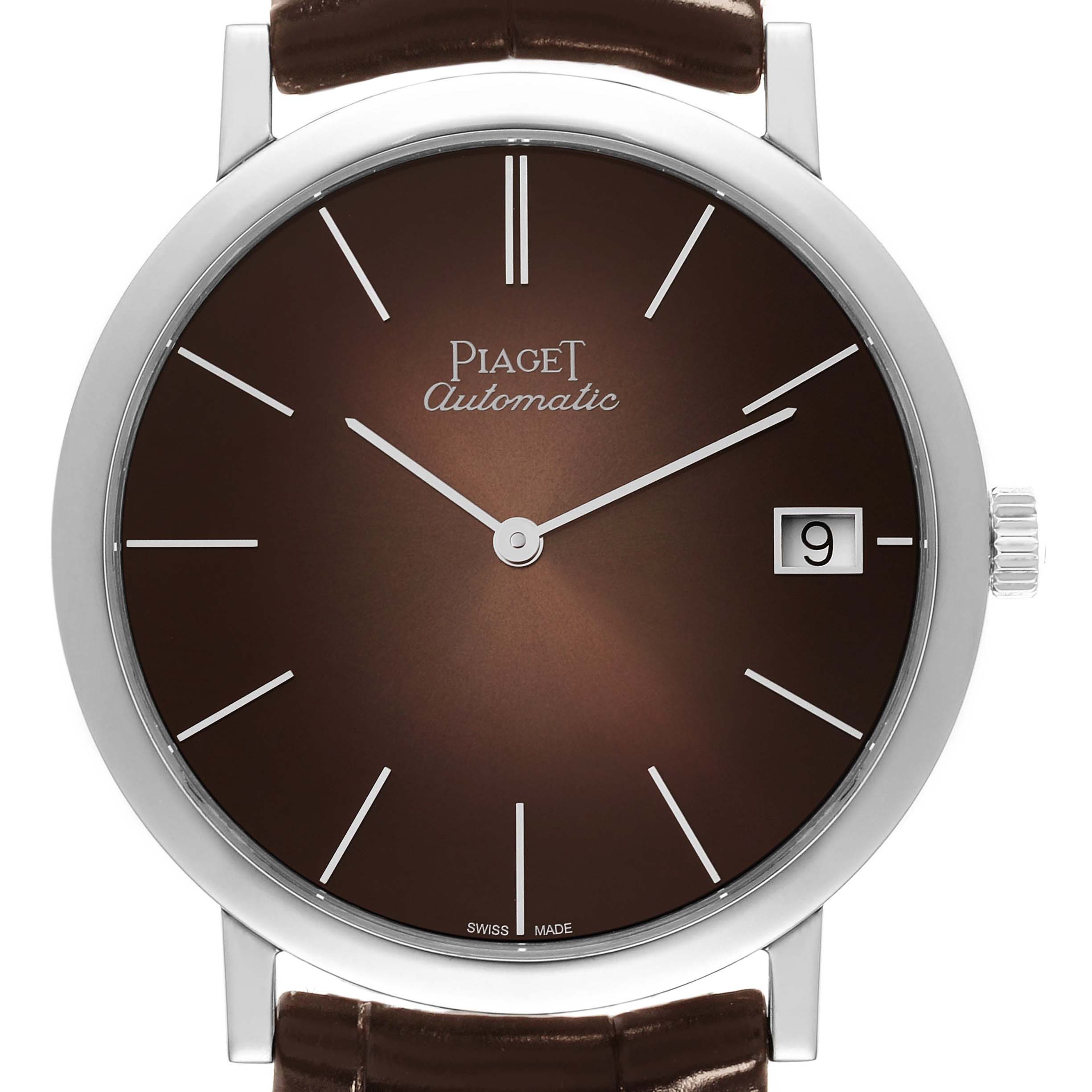 The Piaget G0A42050 Men's White Gold Brown Dial Altiplano Limited Edition G0A42050 is shown from the front, highlighting the brown dial, white gold case, and leather strap.