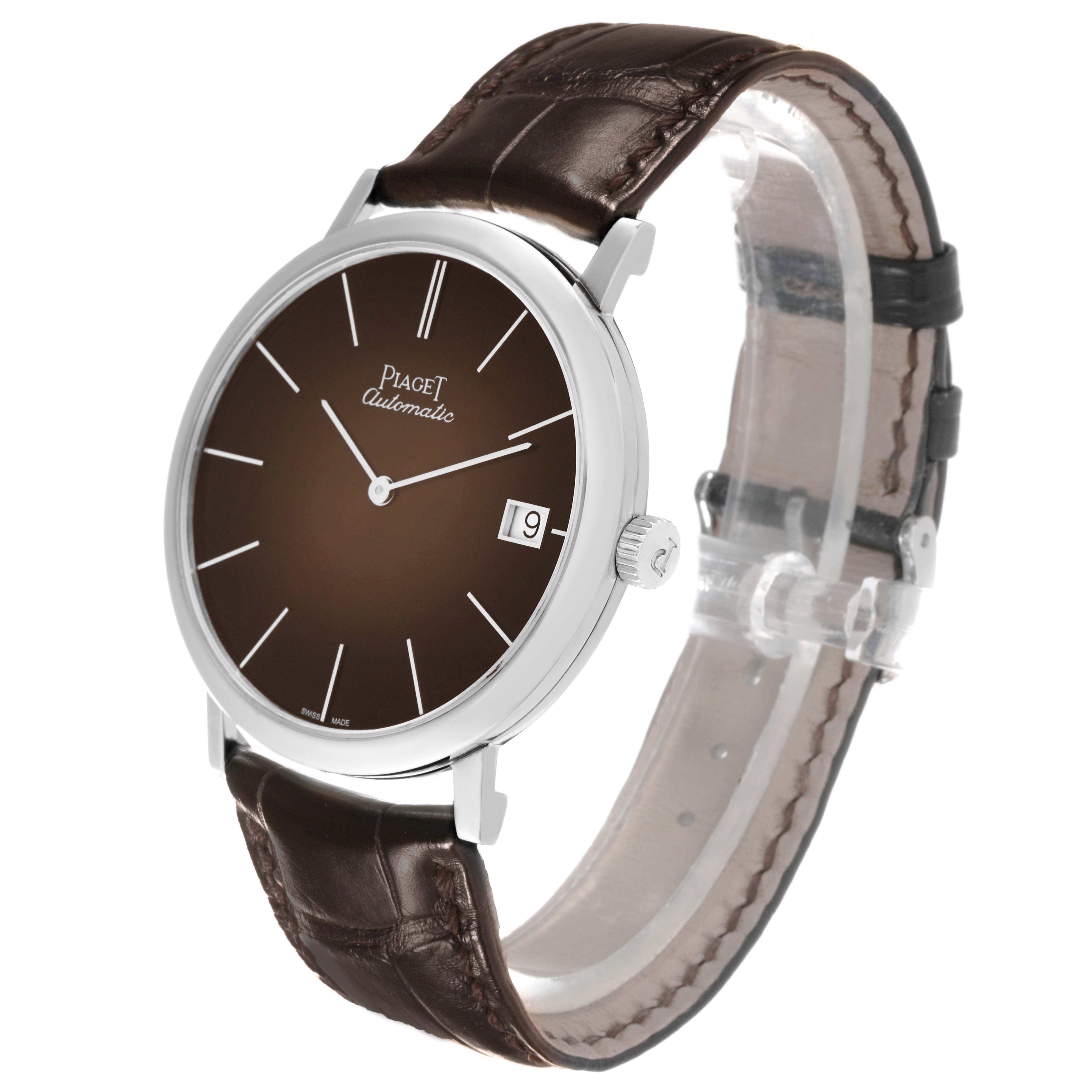 The Piaget G0A42050 Men's White Gold Brown Dial Altiplano G0A42050 watch is shown at a slight angle, highlighting the dial, case, crown, and leather strap.