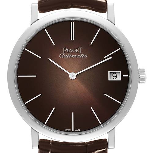 This Piaget Altiplano Limited Edition White Gold Ultra Thin G0A42050 watch is shown from a front angle, displaying its dial, hands, and date window.