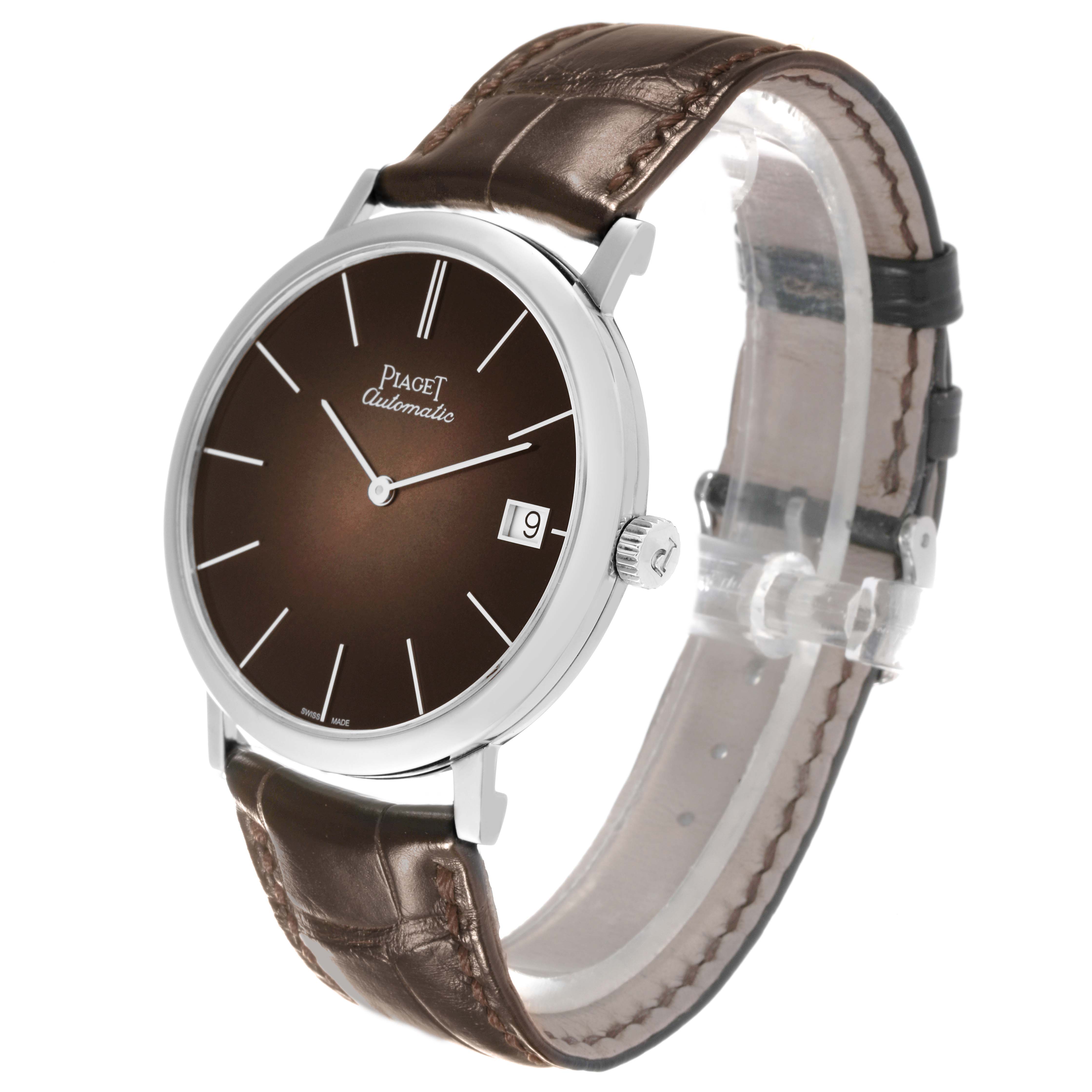 The Piaget G0A42050 Men's White Gold Brown Dial G0A42050 Men's White Gold Brown Dial Altiplano Limited Edition White Gold Ultra Thin Mens Watch G0A42050 is shown at an angle displaying the dial, casing, and strap.