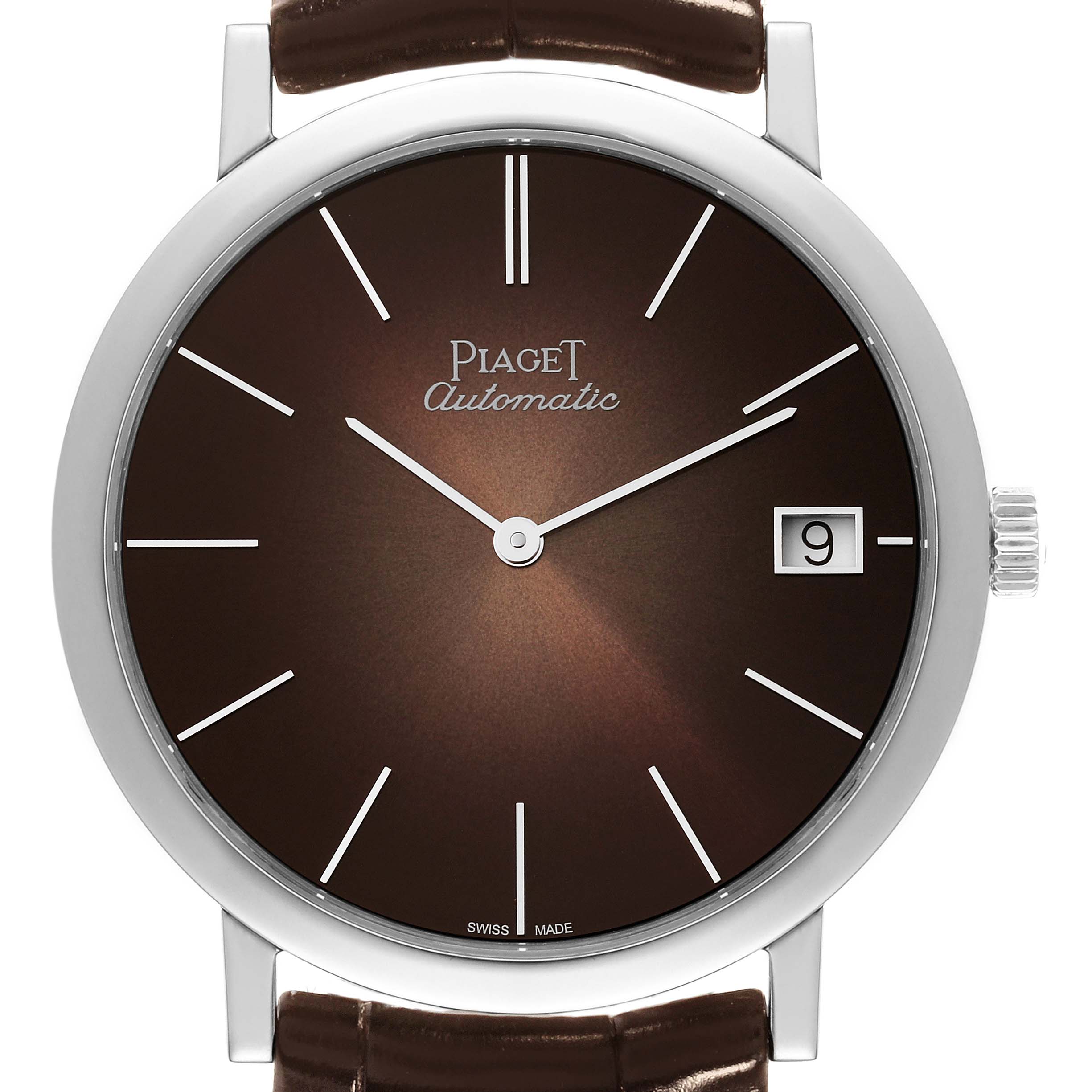 The image shows a close-up view of the Piaget G0A42050 Men's White Gold Brown Dial G0A42050 Men's White Gold Brown Dial Altiplano Limited Edition White Gold Ultra Thin Men's Watch G0A42050, featuring the dial, hands, and date window.