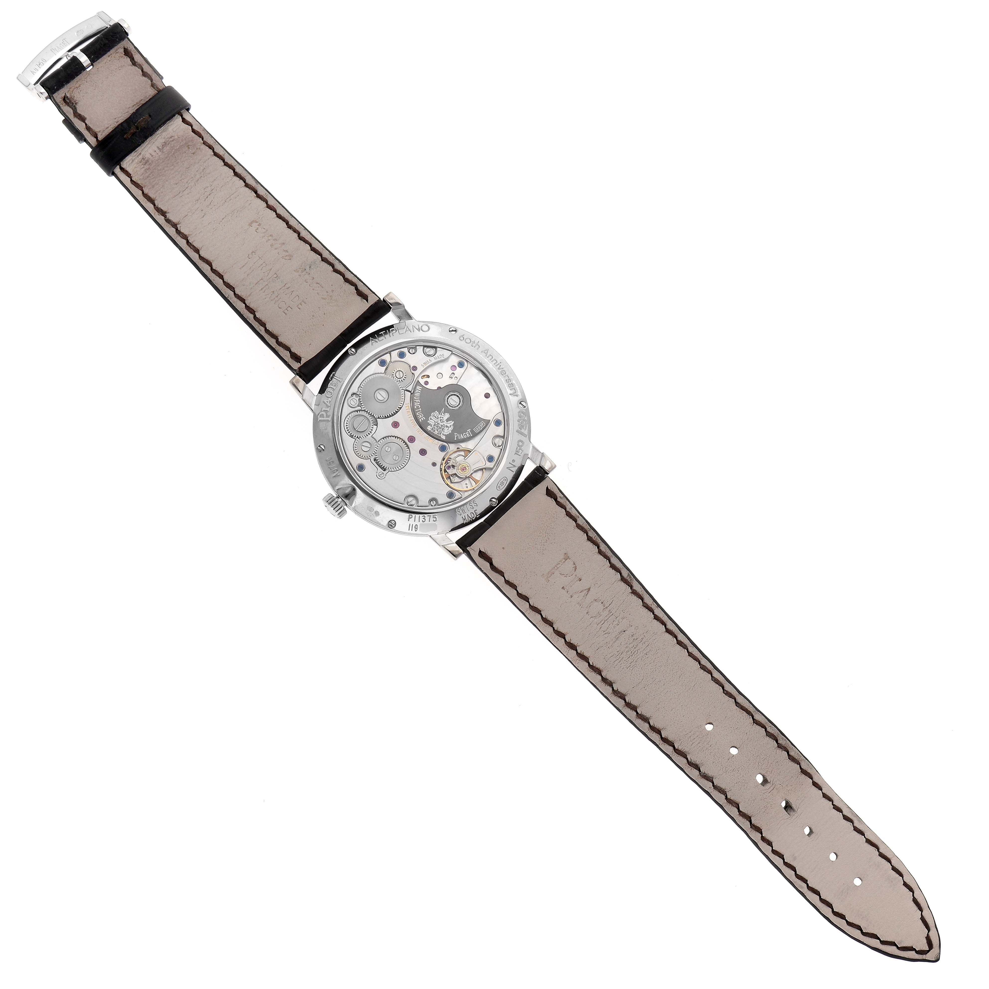 The image shows the back view of a Piaget G0A42050 Men's White Gold Brown Dial G0A42050 Men's White Gold Brown Dial Altiplano Limited Edition White Gold Ultra Thin Men's Watch G0A42050, revealing the intricate movement.