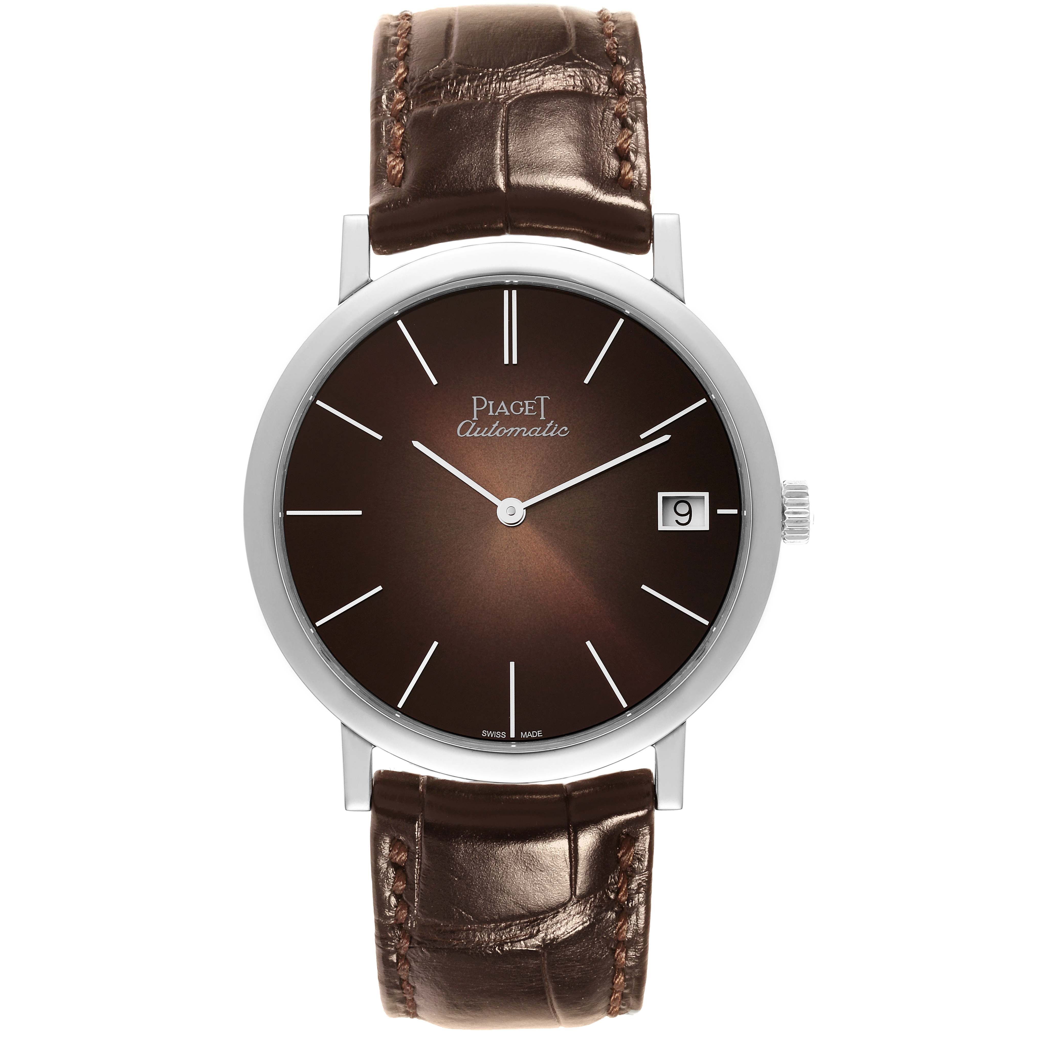 The image shows a front view of the Piaget G0A42050 Men's White Gold Brown Dial G0A42050 Men's White Gold Brown Dial Altiplano Limited Edition White Gold Ultra Thin Men's Watch G0A42050, displaying its dial and strap.