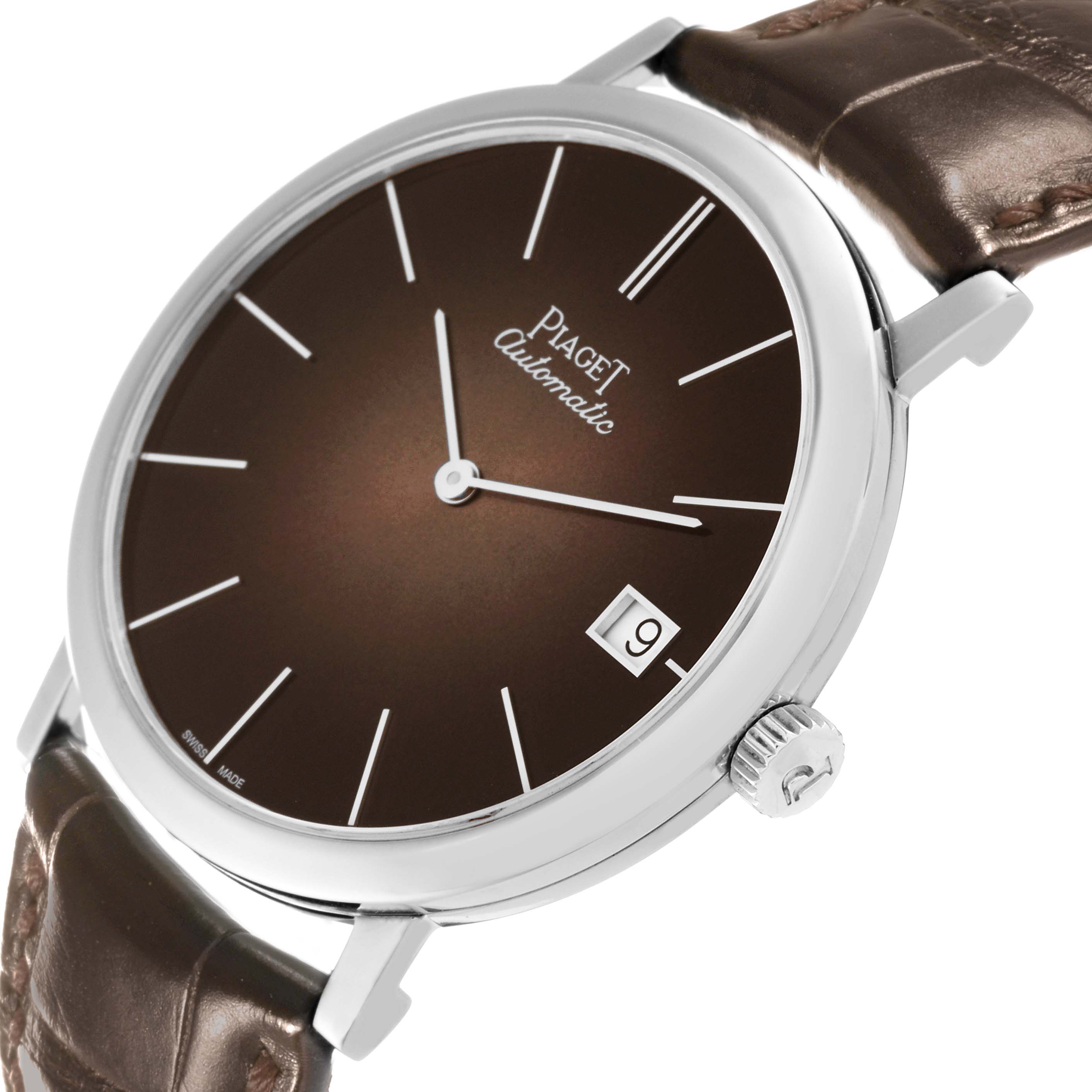 The Piaget G0A42050 Men's White Gold Brown Dial G0A42050 Men's White Gold Brown Dial Altiplano G0A42050 watch is shown at an oblique angle, revealing the watch face, crown, and part of the leather strap.