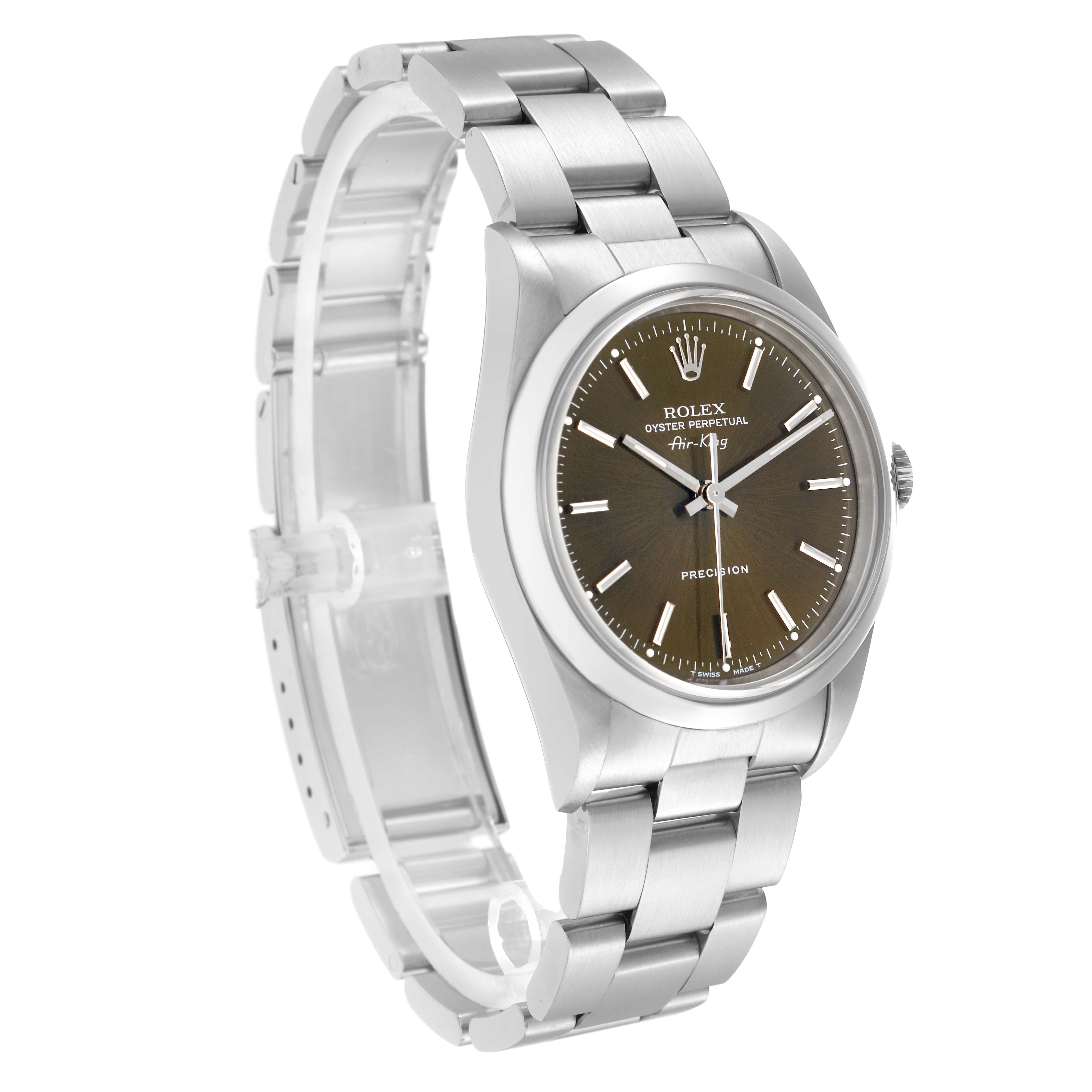 The Rolex Air-King model 14000 is shown at a three-quarter angle, highlighting its face, bezel, and partially open bracelet.