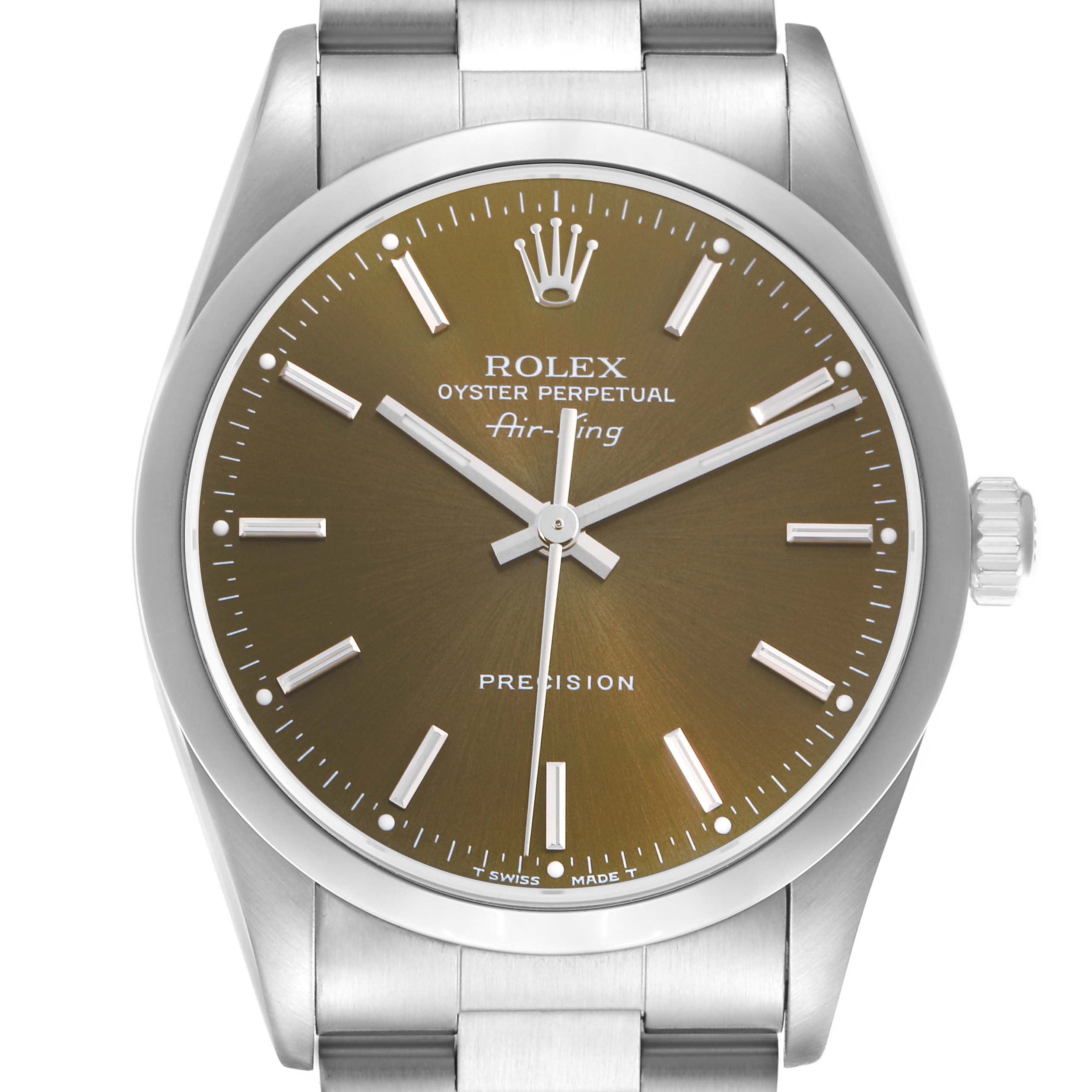 The image shows a frontal view of the Rolex Air-King, model 14000, featuring its dial, hands, indices, case, and bracelet.