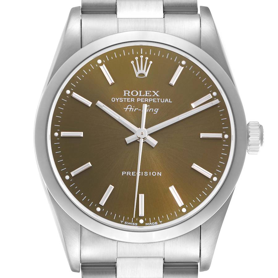 The image shows a frontal view of the Rolex Air-King, model 14000, featuring its dial, hands, indices, case, and bracelet.