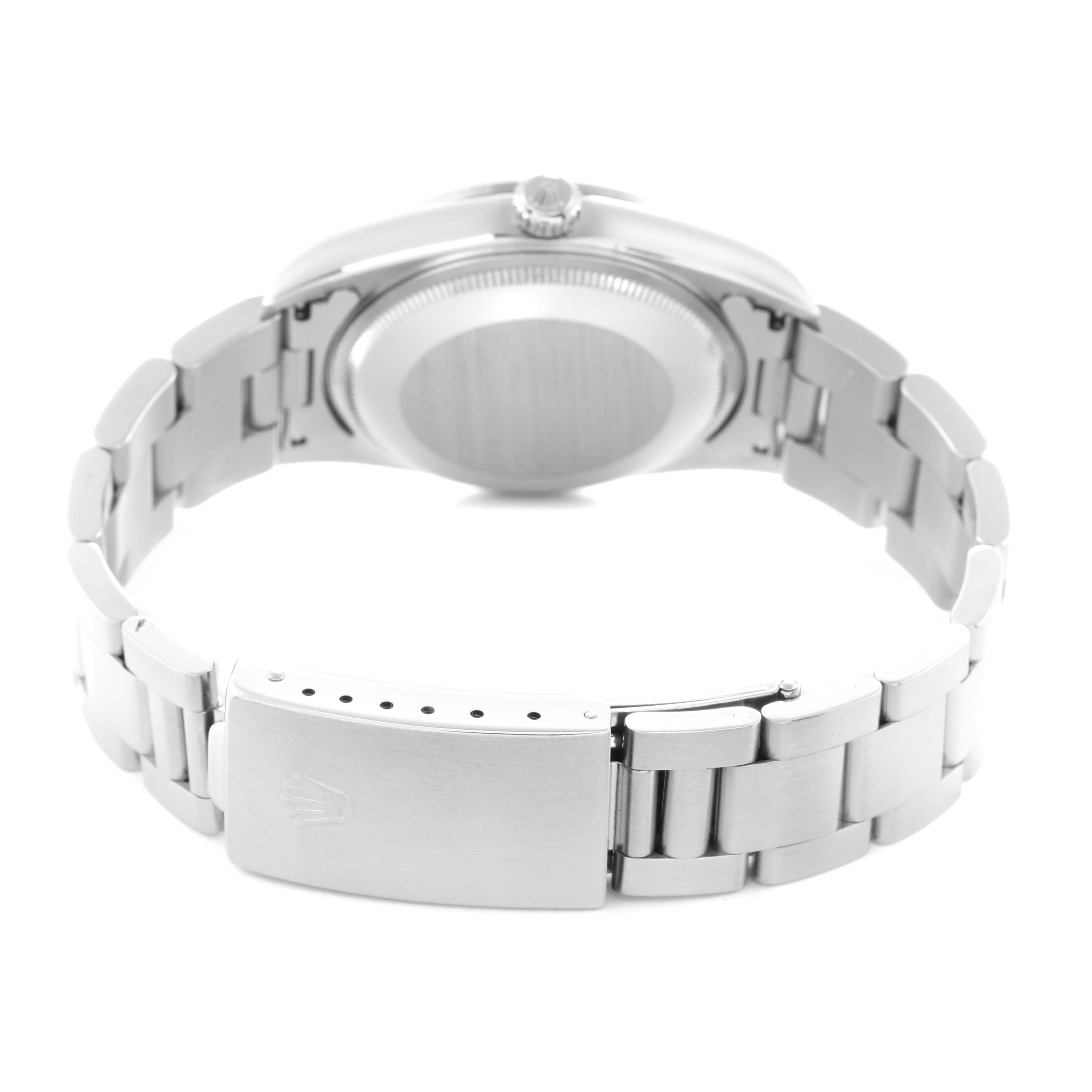 The image shows the Rolex Air-King model 14000 from a rear angle, highlighting the case back, bracelet, and clasp.