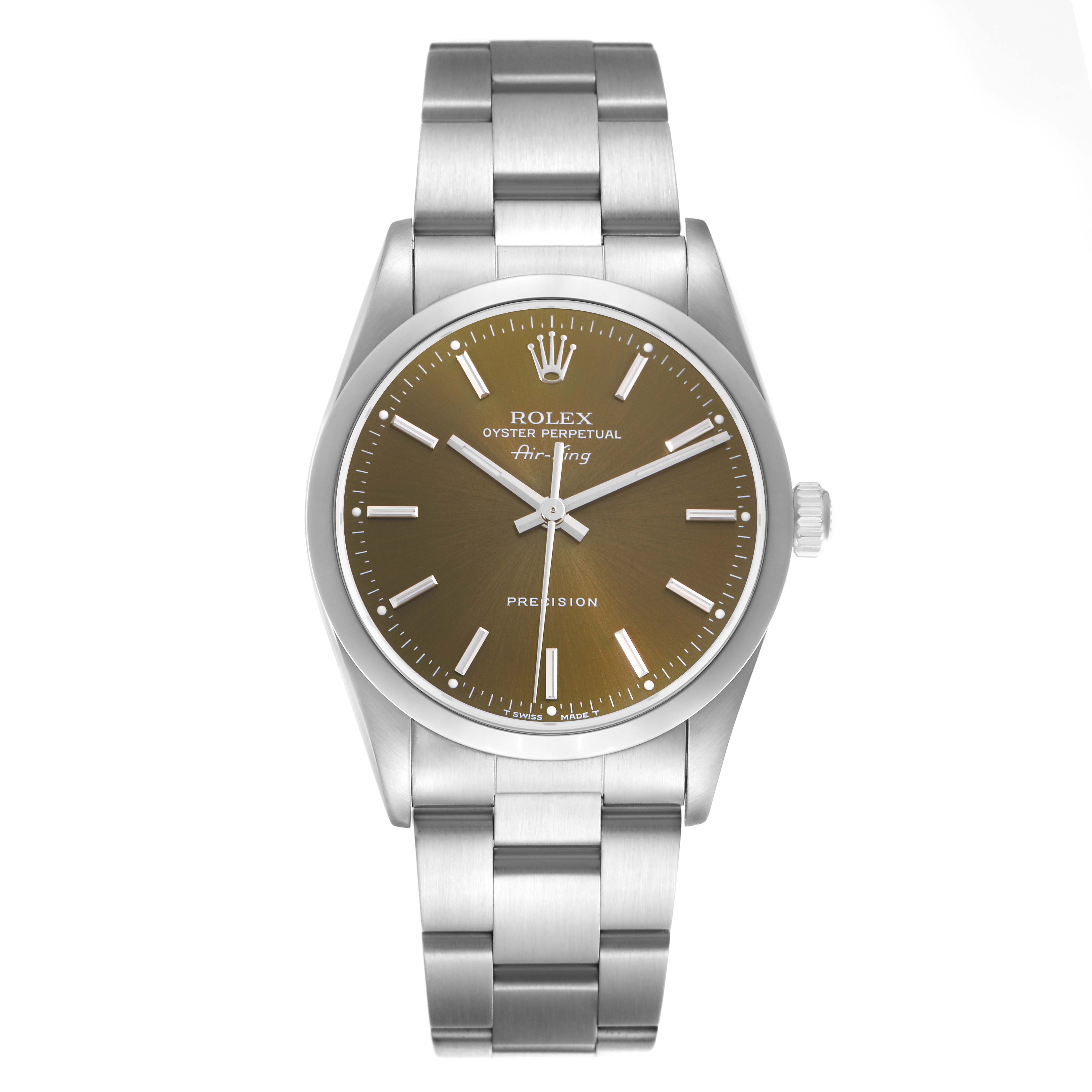 The image shows a Rolex Air-King model 14000 men's watch from a front angle, highlighting the dial, case, and stainless steel bracelet.