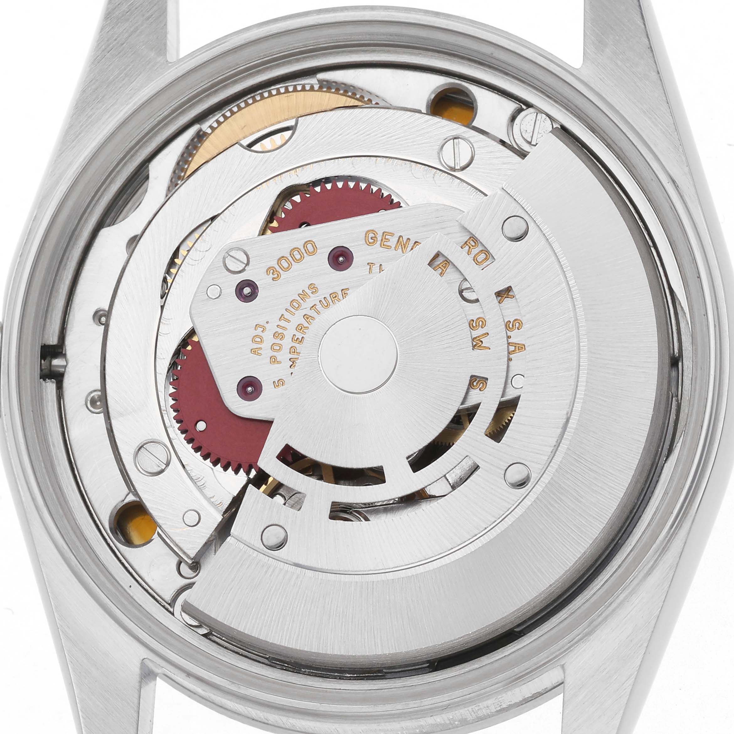 This image shows an overhead view of the movement inside the Rolex Air-King, model 14000, highlighting its intricate mechanical components.