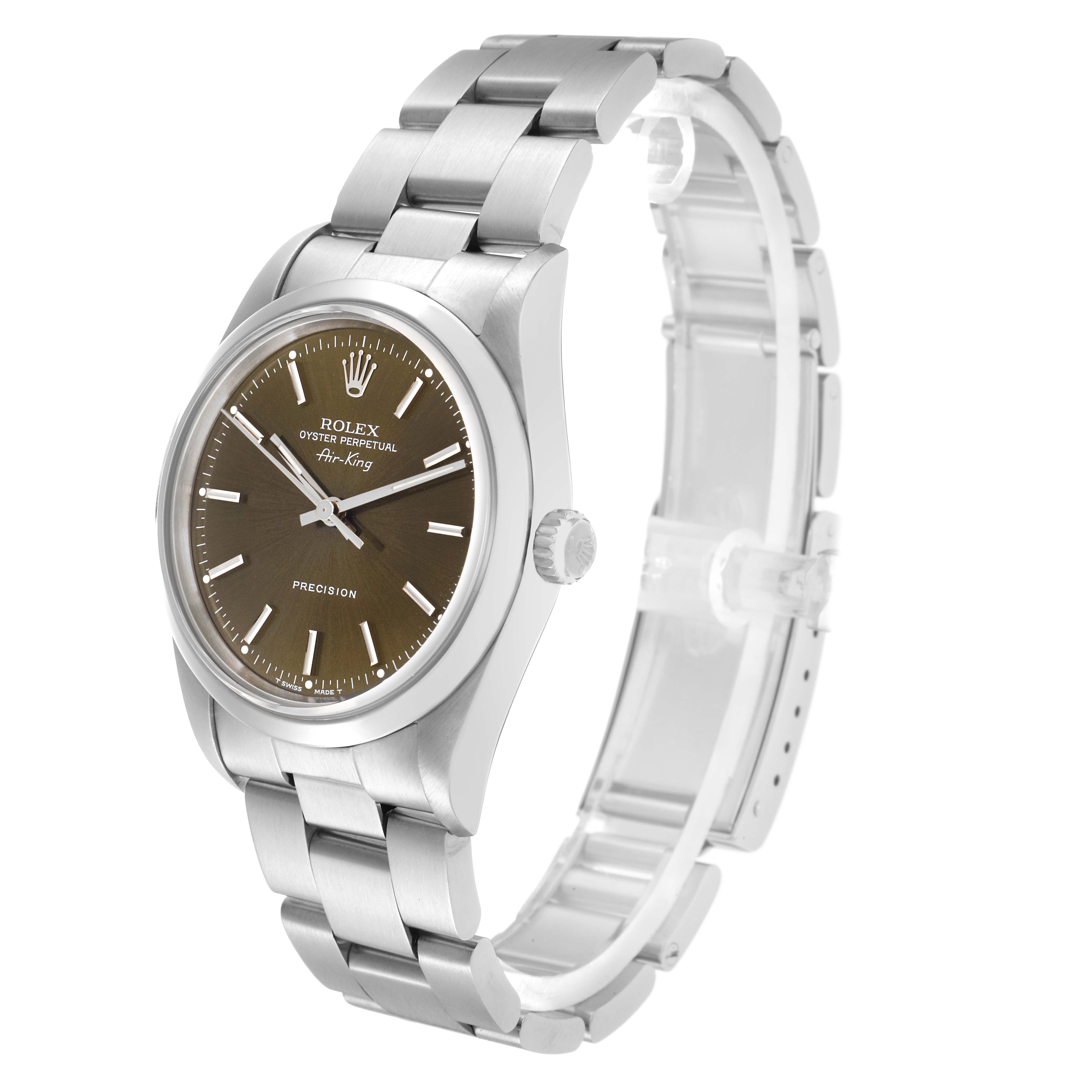 The Rolex Air-King model 14000 is shown at a three-quarter angle, displaying the face, bezel, crown, and part of the bracelet.