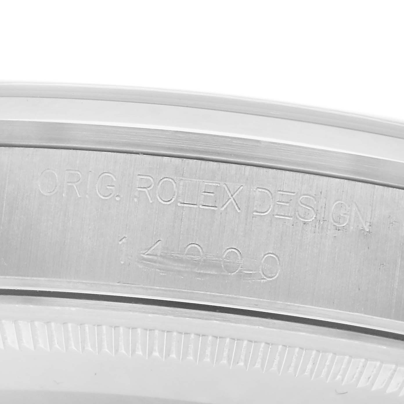 The image shows the watch's inner bezel engraving with "ORIG. ROLEX DESIGN" and model number "14000" of the Rolex Air-King, emphasizing its authentic craftsmanship.