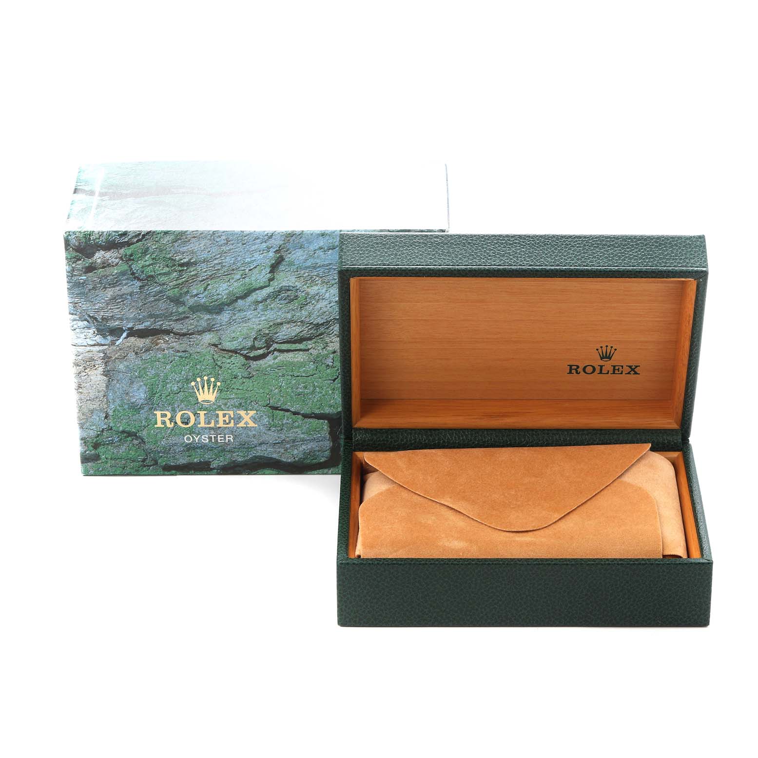 The image shows the open box and packaging for a Rolex Air-King model 14000 men's watch, with a green outer box and an inner case featuring suede lining.