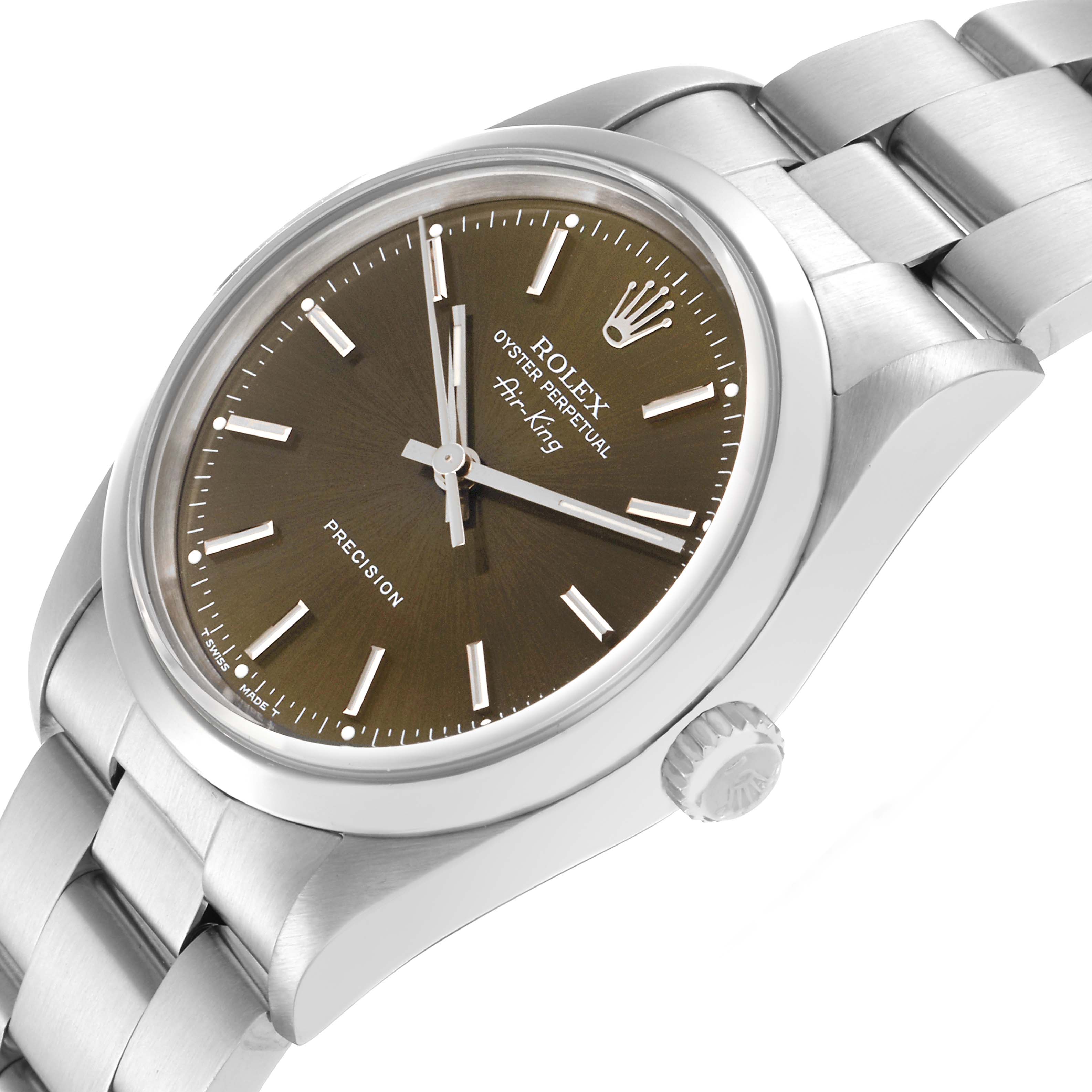 The image shows a Rolex Air-King model 14000 men's watch at an angled view, highlighting its brown dial, silver indices, and stainless steel bracelet.