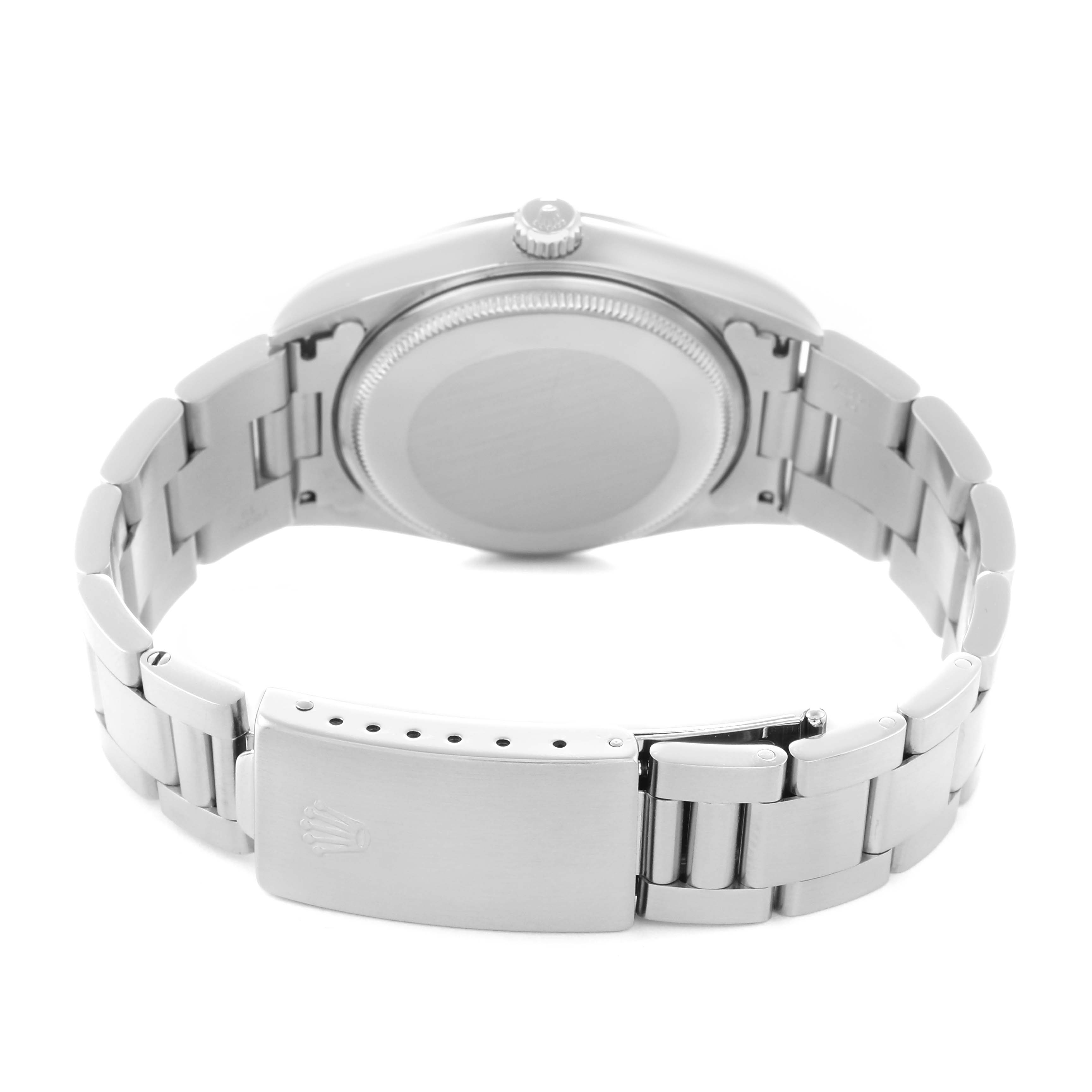 The image shows the back view of the Rolex Air-King model 14000 men's watch, highlighting the bracelet, clasp, and case back.