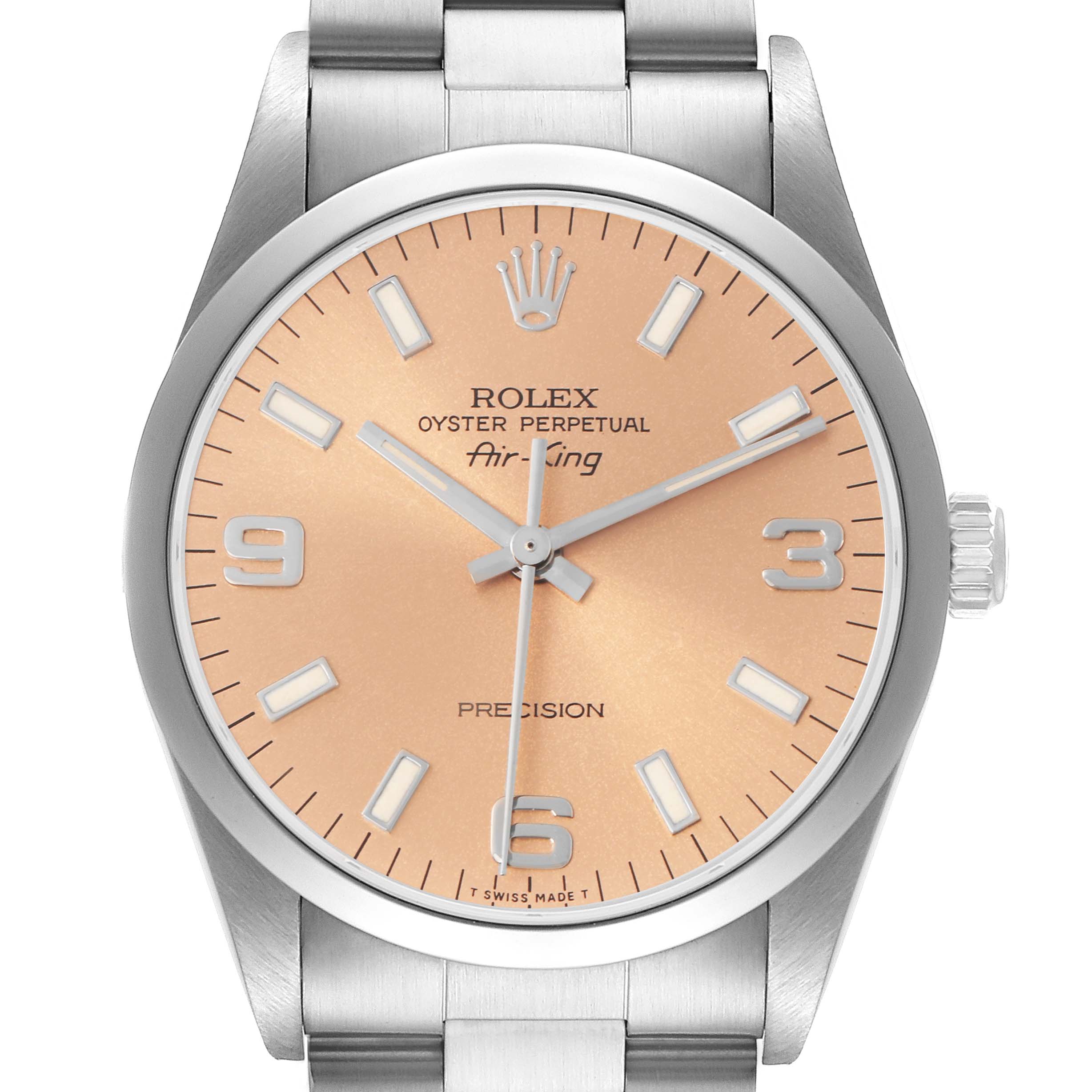 The image shows a front view of the Rolex Air-King model 14000, displaying the dial, hands, markers, and part of the bracelet.