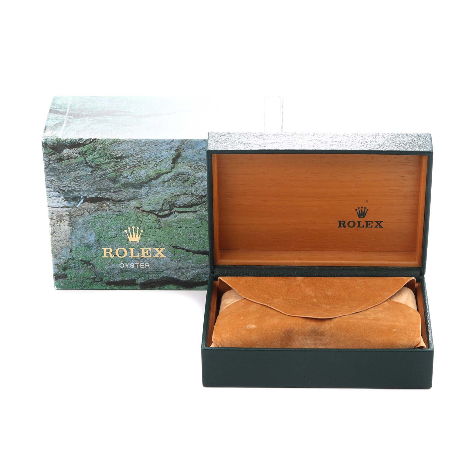 The image shows a Rolex Air-King model 14000 box with a green textured outer cover and a wooden interior, with a suede pouch inside.