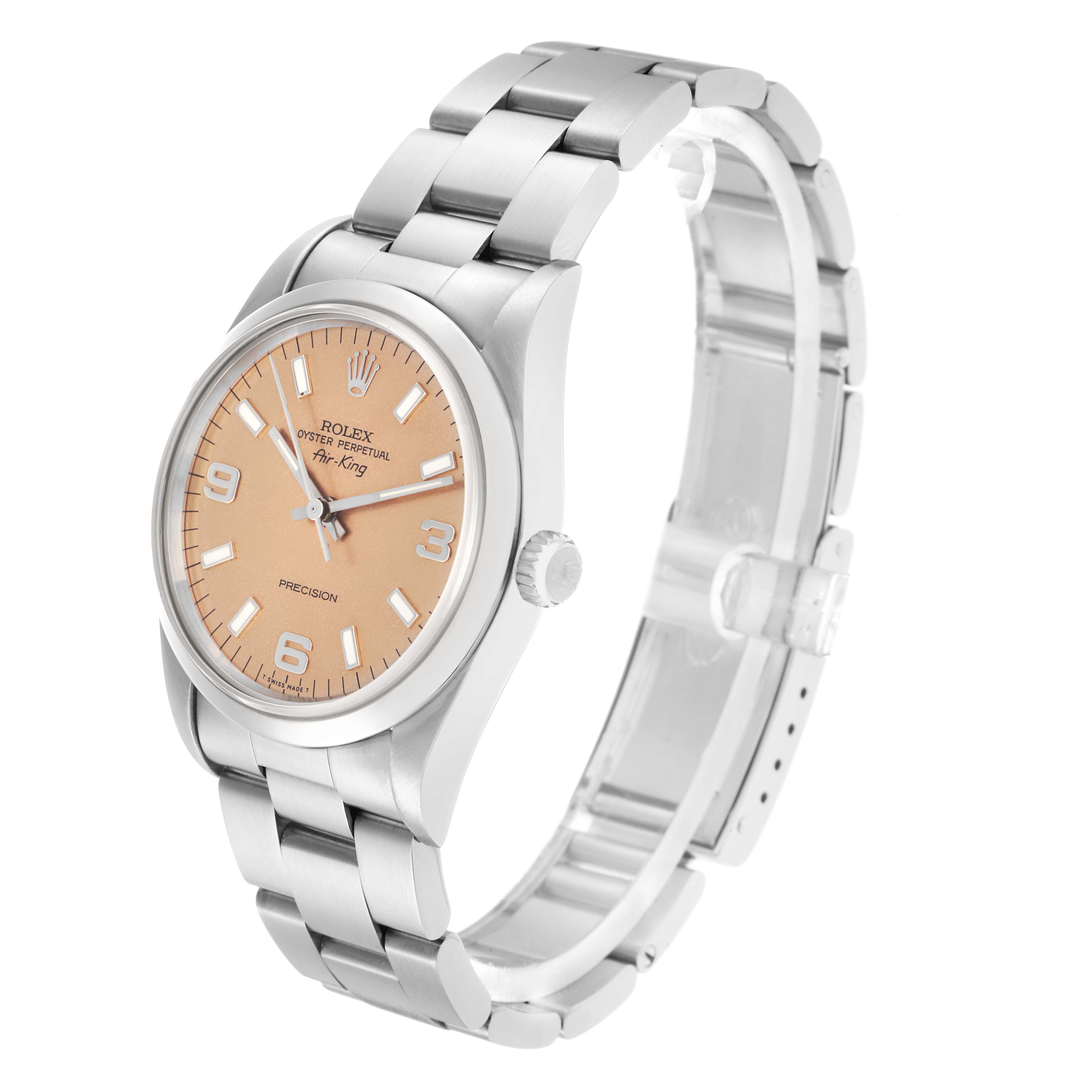 The image shows a Rolex Air-King model 14000 men's watch at a three-quarter angle, highlighting the face, bezel, and bracelet.