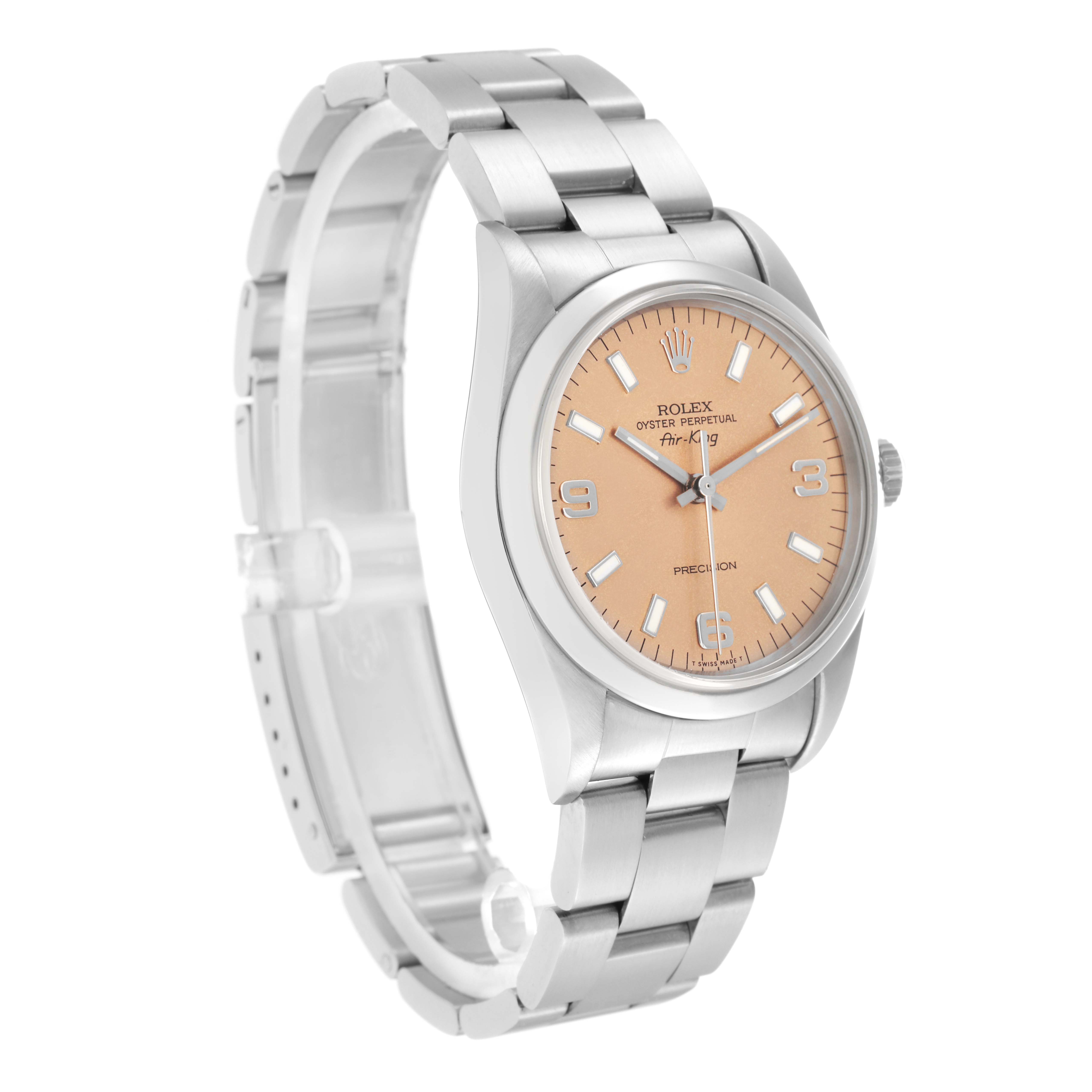 The Rolex Air-King model 14000 is shown at a three-quarter angle, highlighting the face, bezel, crown, and part of the bracelet.