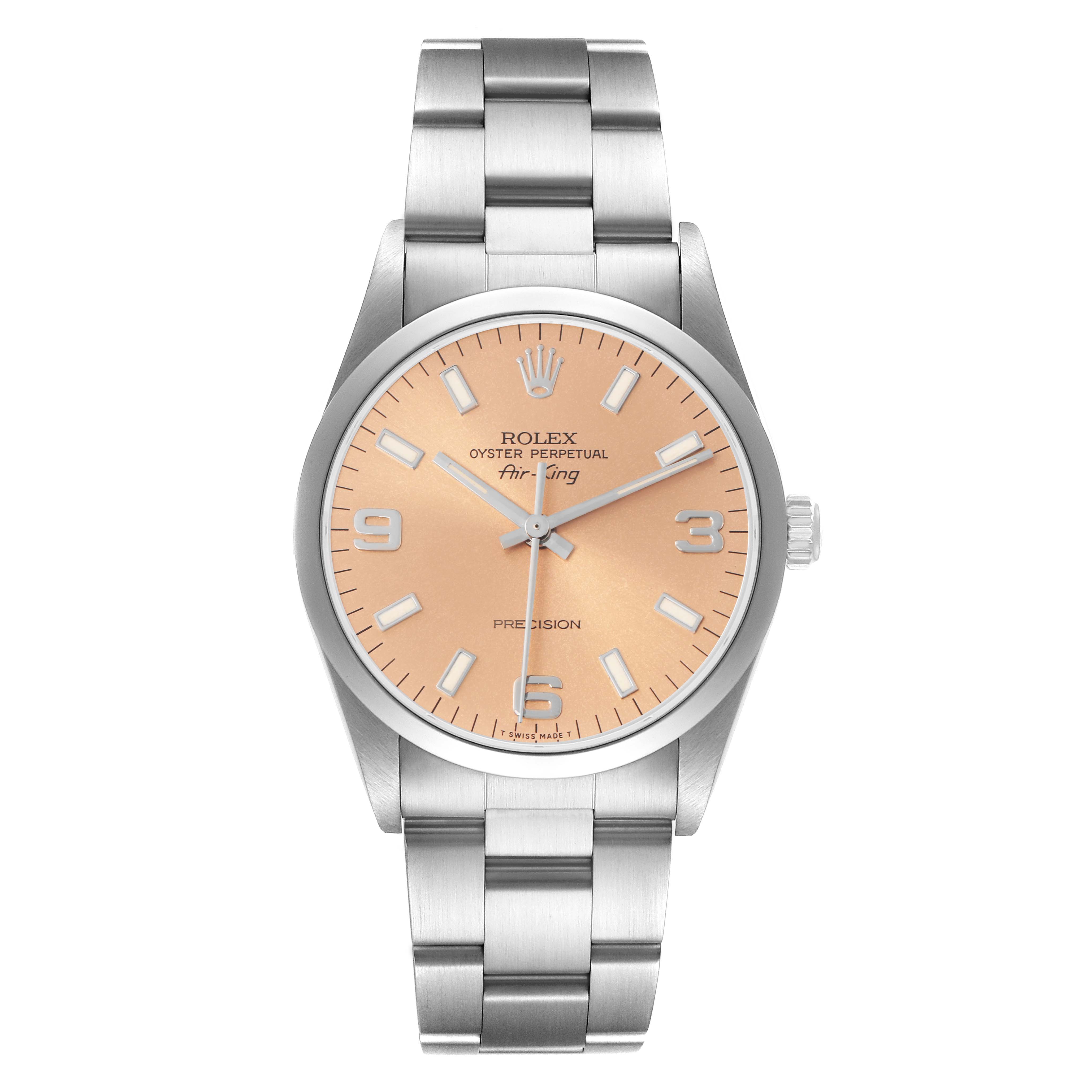 The Rolex Air-King model 14000 men's watch is shown from a front angle, highlighting the dial, hands, bracelet, and crown.