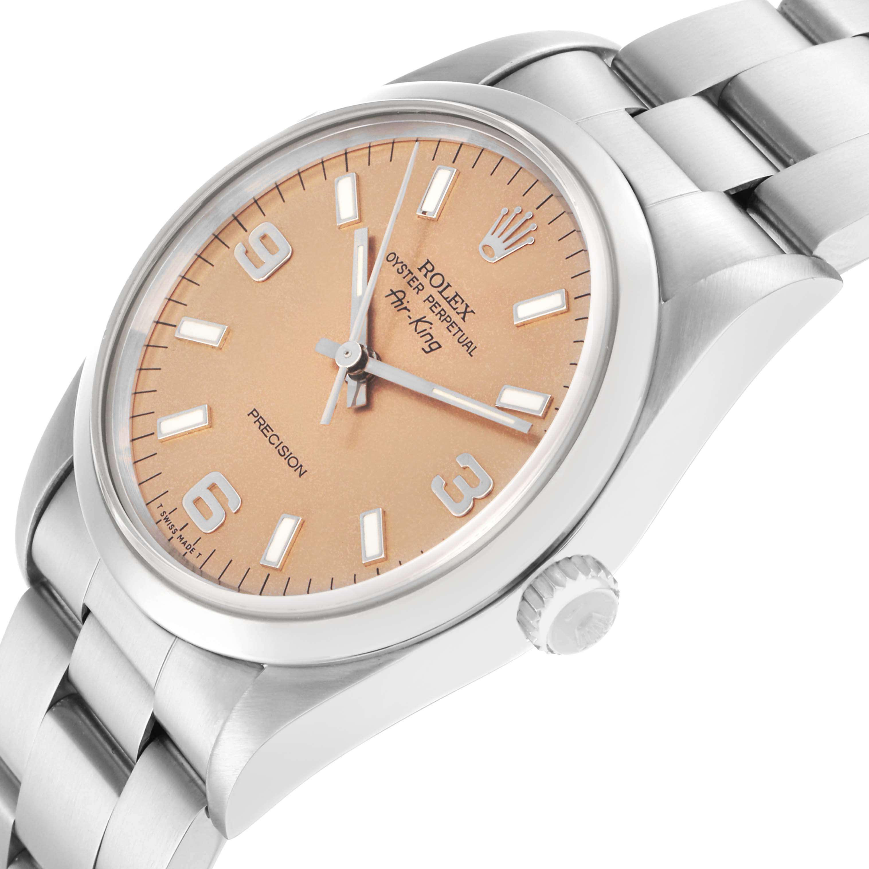 The Rolex Air-King model 14000 men's watch is shown at an angled side view, displaying the dial, case, crown, and part of the stainless steel bracelet.