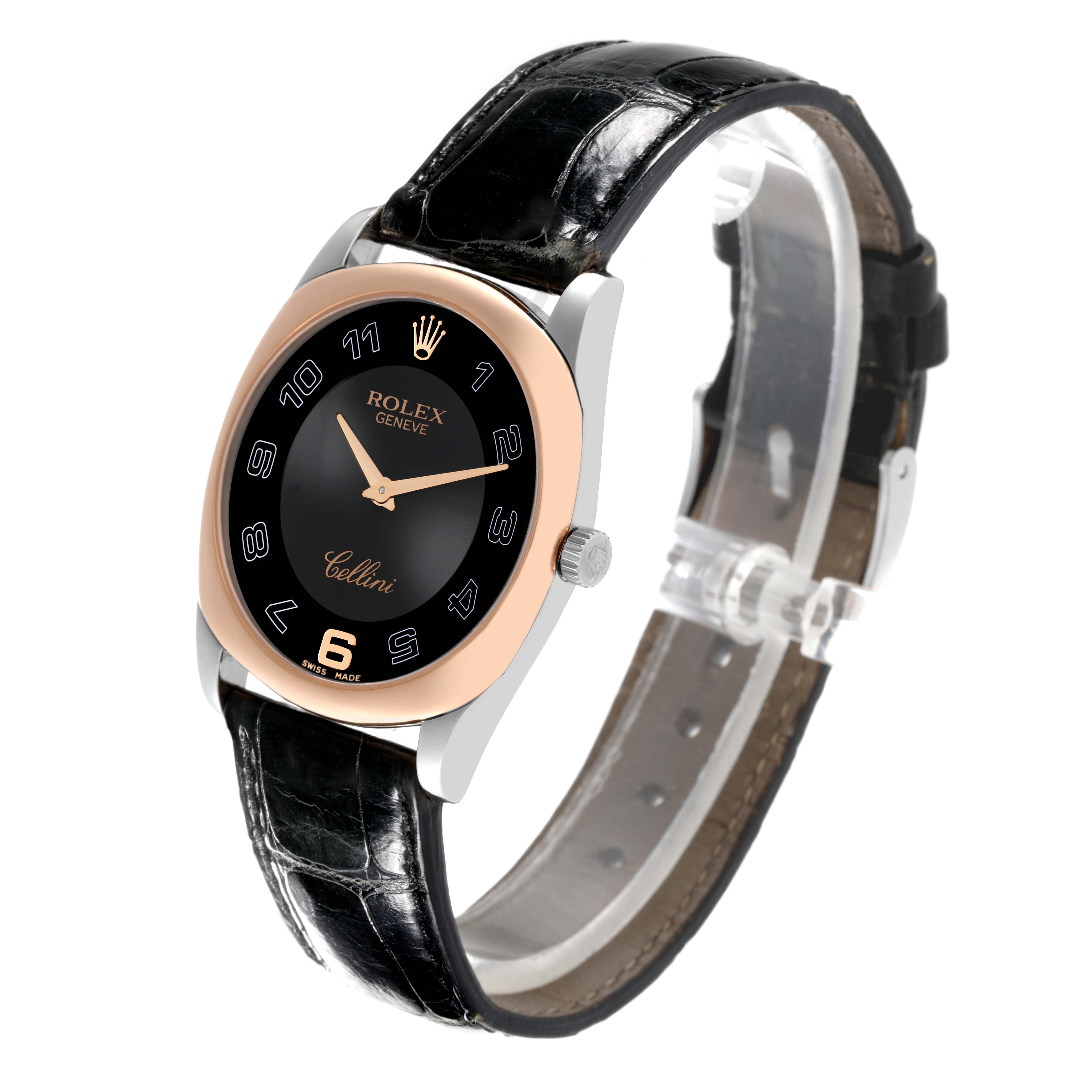 The Rolex Cellini 4233 Men's Rose Gold Black Dial 4233 Men's Rose Gold Black Dial watch is shown at an oblique angle, displaying its black dial, rose gold bezel, and black leather strap.