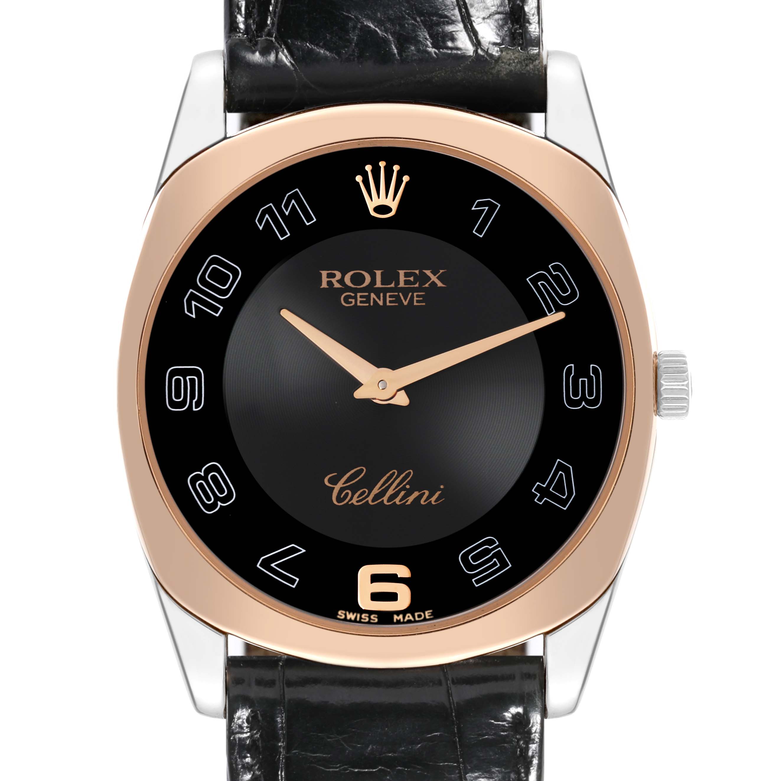 The image shows a front view of a Rolex Cellini 4233 Men's Rose Gold Black Dial 4233 Men's Rose Gold Black Dial watch, highlighting the dial, hands, crown, case, and leather strap.