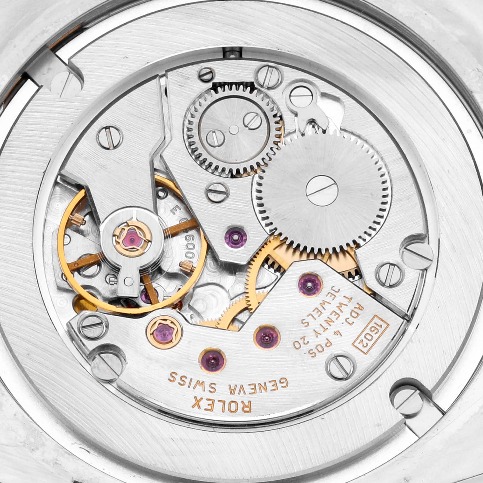 The image shows the intricate internal mechanism of a Rolex Cellini 4233 Men's Rose Gold Black Dial 4233 Men's Rose Gold Black Dial watch from a top-down angle.