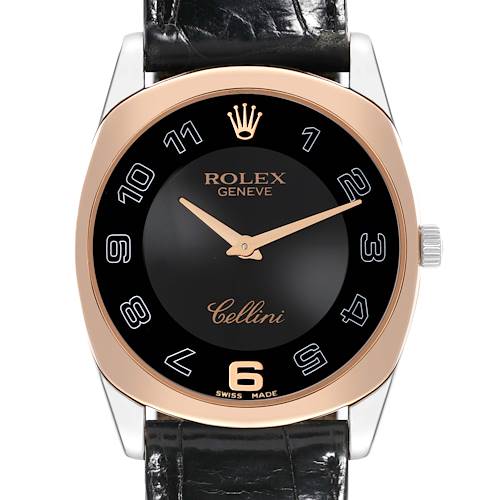 This image shows a front view of the Rolex Cellini watch displaying the dial, hands, crown, and strap.