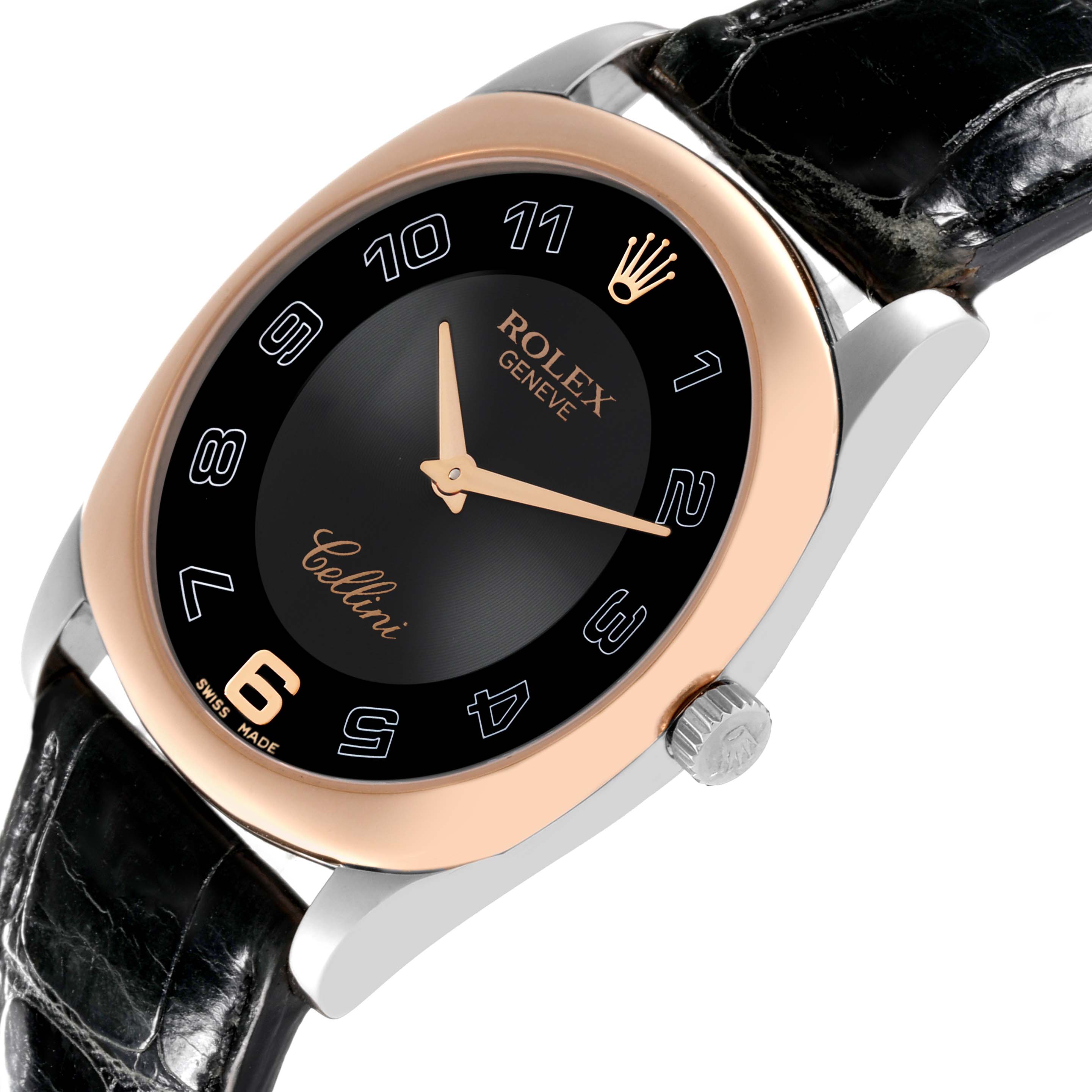 This image shows a close-up view of a Rolex Cellini 4233 Men's Rose Gold Black Dial 4233 Men's Rose Gold Black Dial watch, highlighting its black dial, gold bezel, and leather strap.