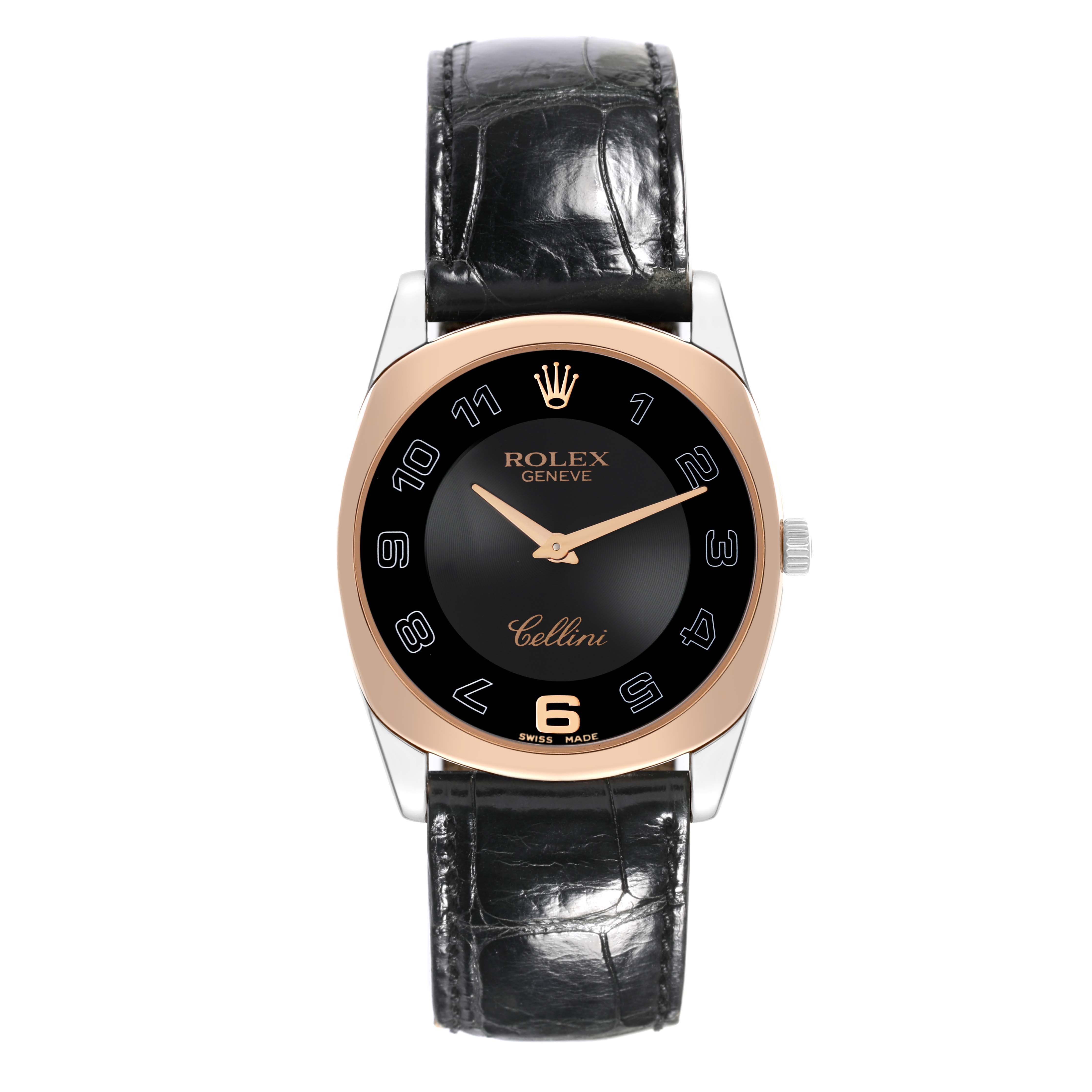 The Cellini model by Rolex is shown from a top-down angle, displaying the face, bezel, strap, and the crown on the side.