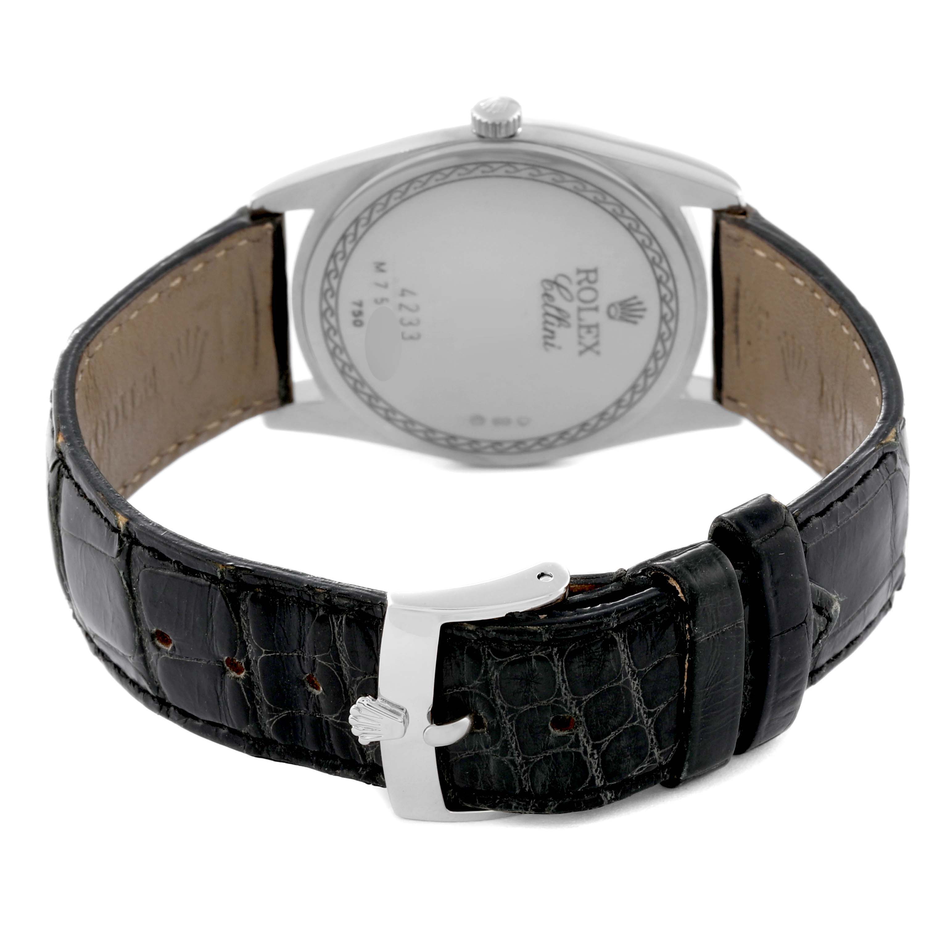 The image shows the back view of a Rolex Cellini 4233 Men's Rose Gold Black Dial 4233 Men's Rose Gold Black Dial watch, highlighting the clasp and leather strap.
