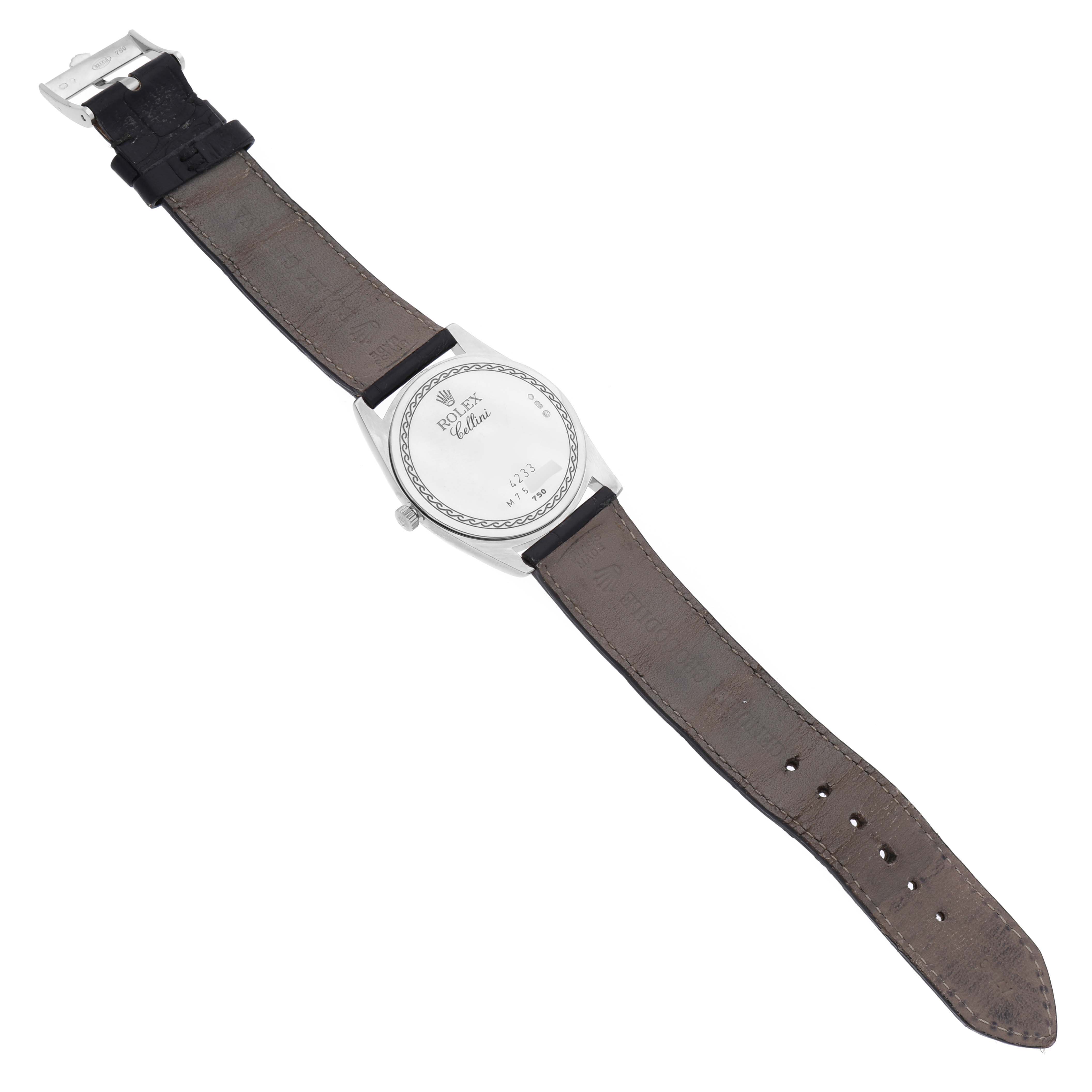 This image shows the back case and leather strap of a Rolex Cellini 4233 Men's Rose Gold Black Dial 4233 Men's Rose Gold Black Dial watch, with a visible clasp and watch model details.