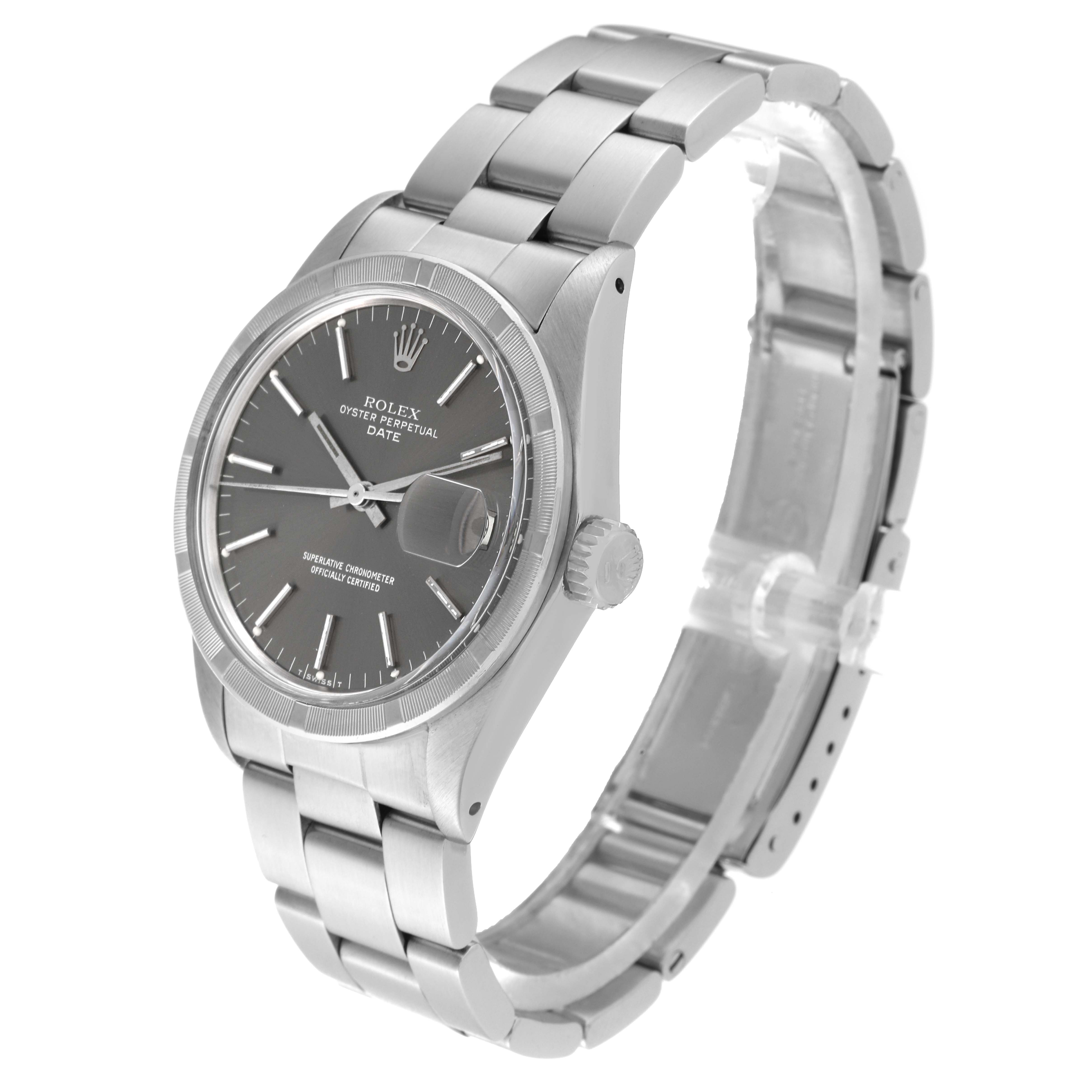 The image shows a side-angle view of the Rolex Date 1501 Men
s Stainless Steel Grey Dial 1501 Men
s Stainless Steel Grey Dial model, highlighting the bracelet, case, dial, and crown.