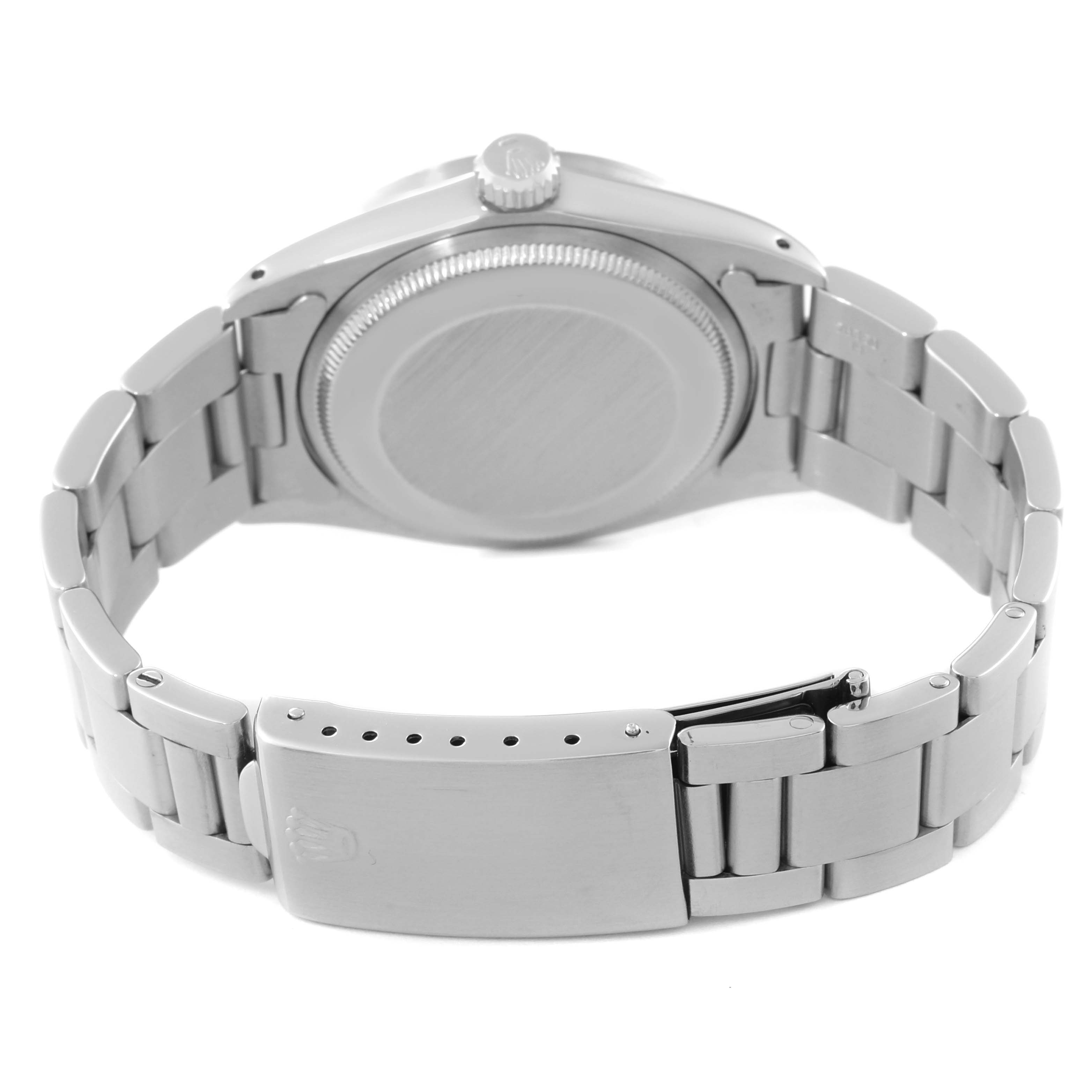This image shows a rear view of a Rolex Date 1501 Men
s Stainless Steel Grey Dial 1501 Men
s Stainless Steel Grey Dial model watch, highlighting the case back and bracelet clasp.
