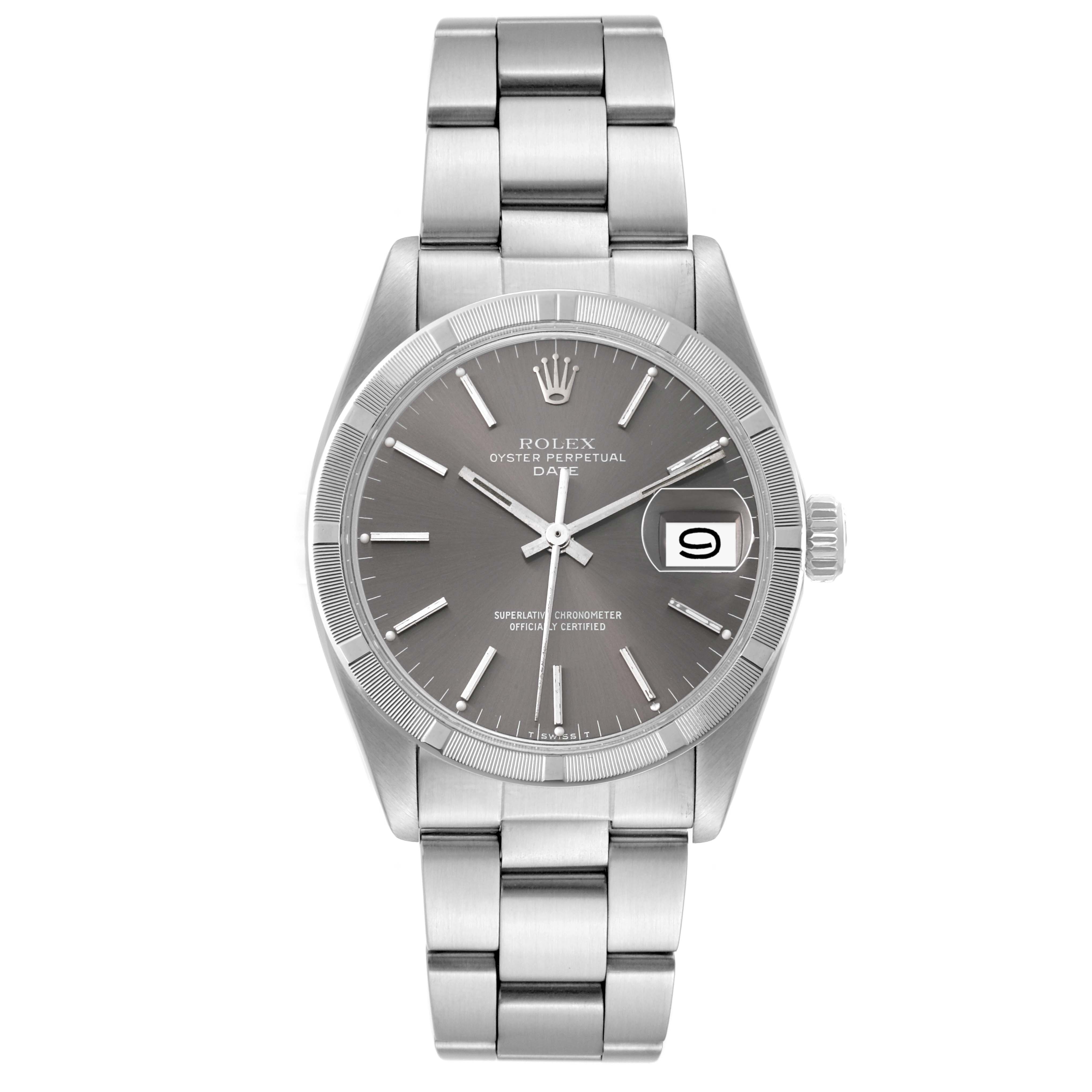 This image shows a front view of the Rolex Oyster Perpetual Date, displaying the watch face, bracelet, and date window.